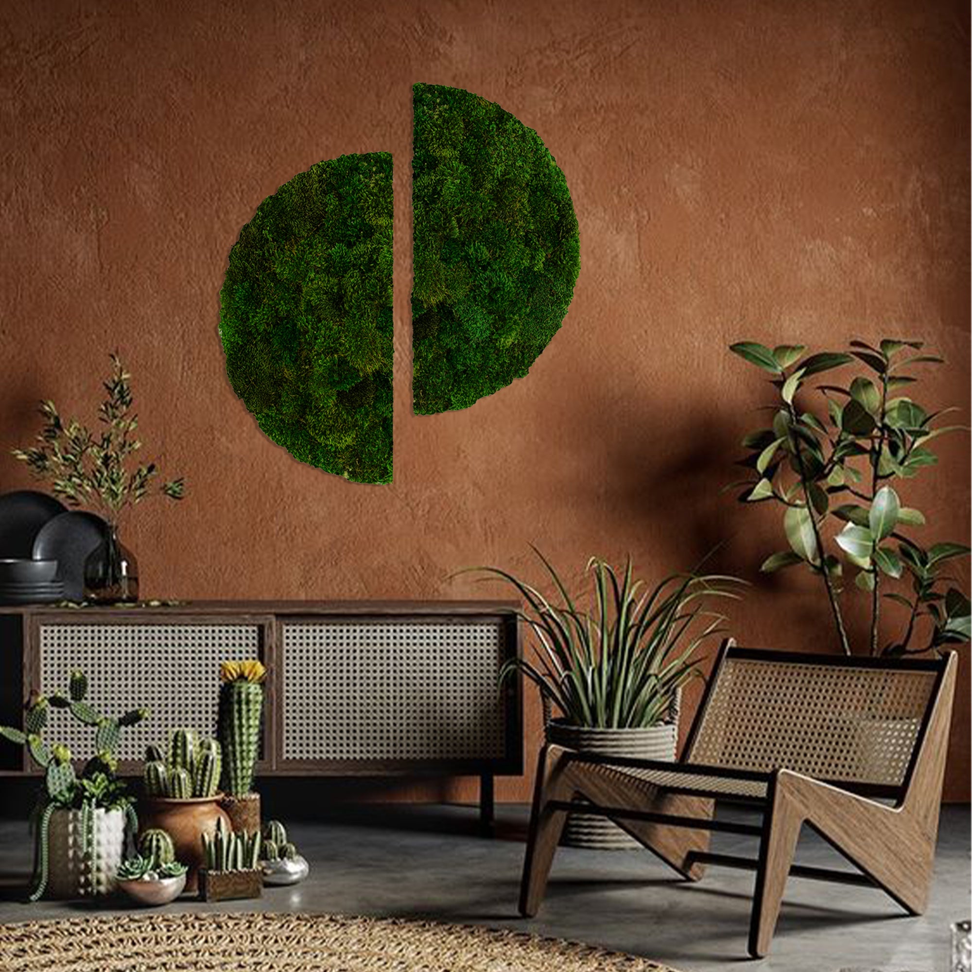 Semi-circular moss wall art as focal point in living room