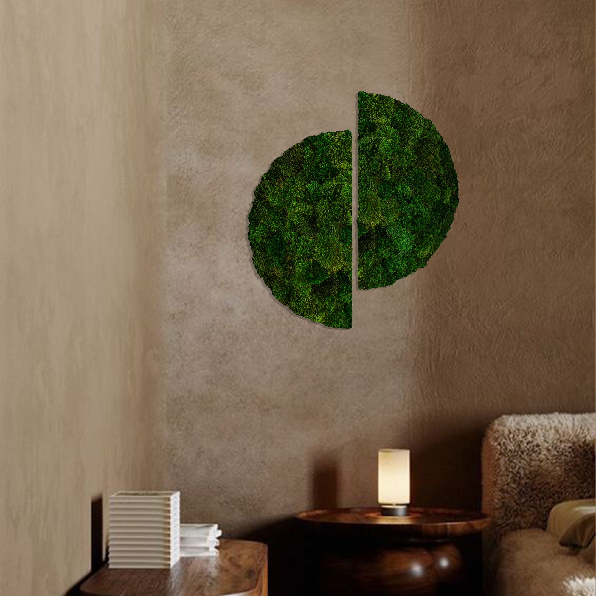 Wabi-sabi moss art in modern apartment setting