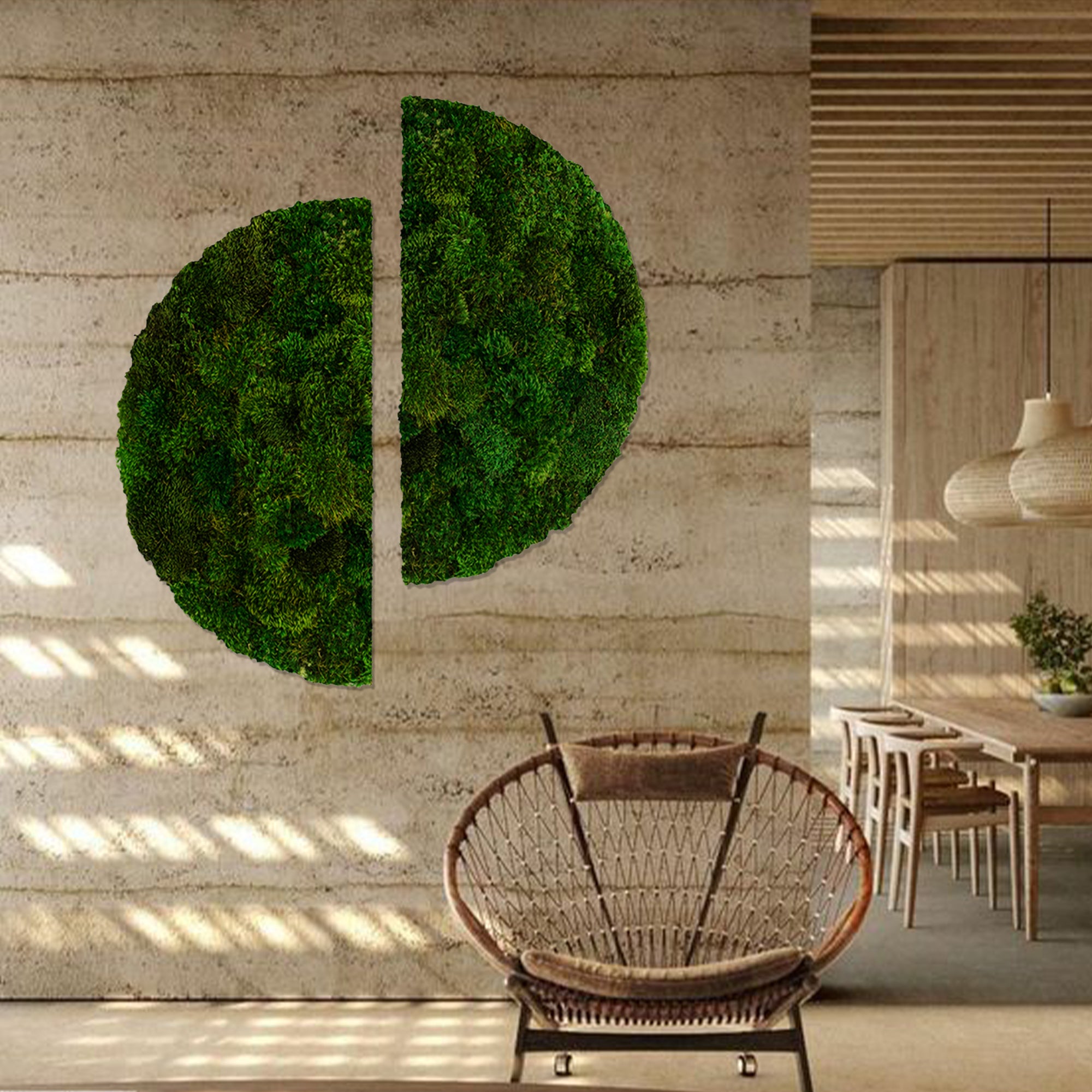 Statement moss wall art in open dinning space