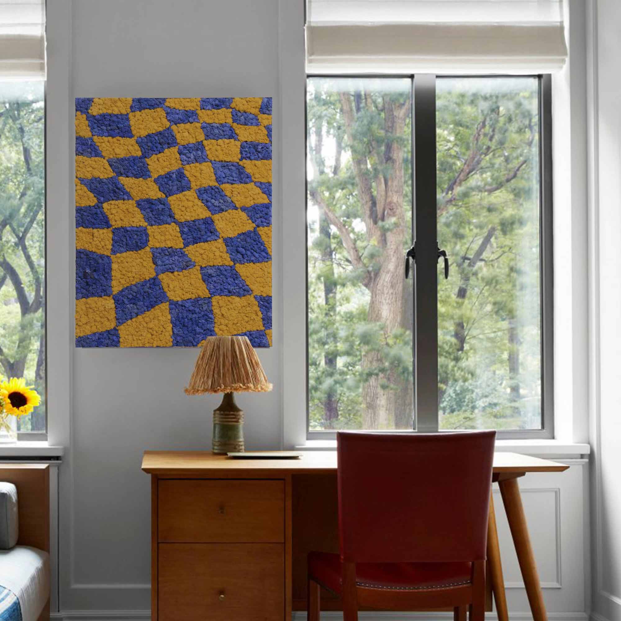 Lavender & Yellow Checkerboard Reindeer Moss Art hanging in a modern home office, adding vibrancy