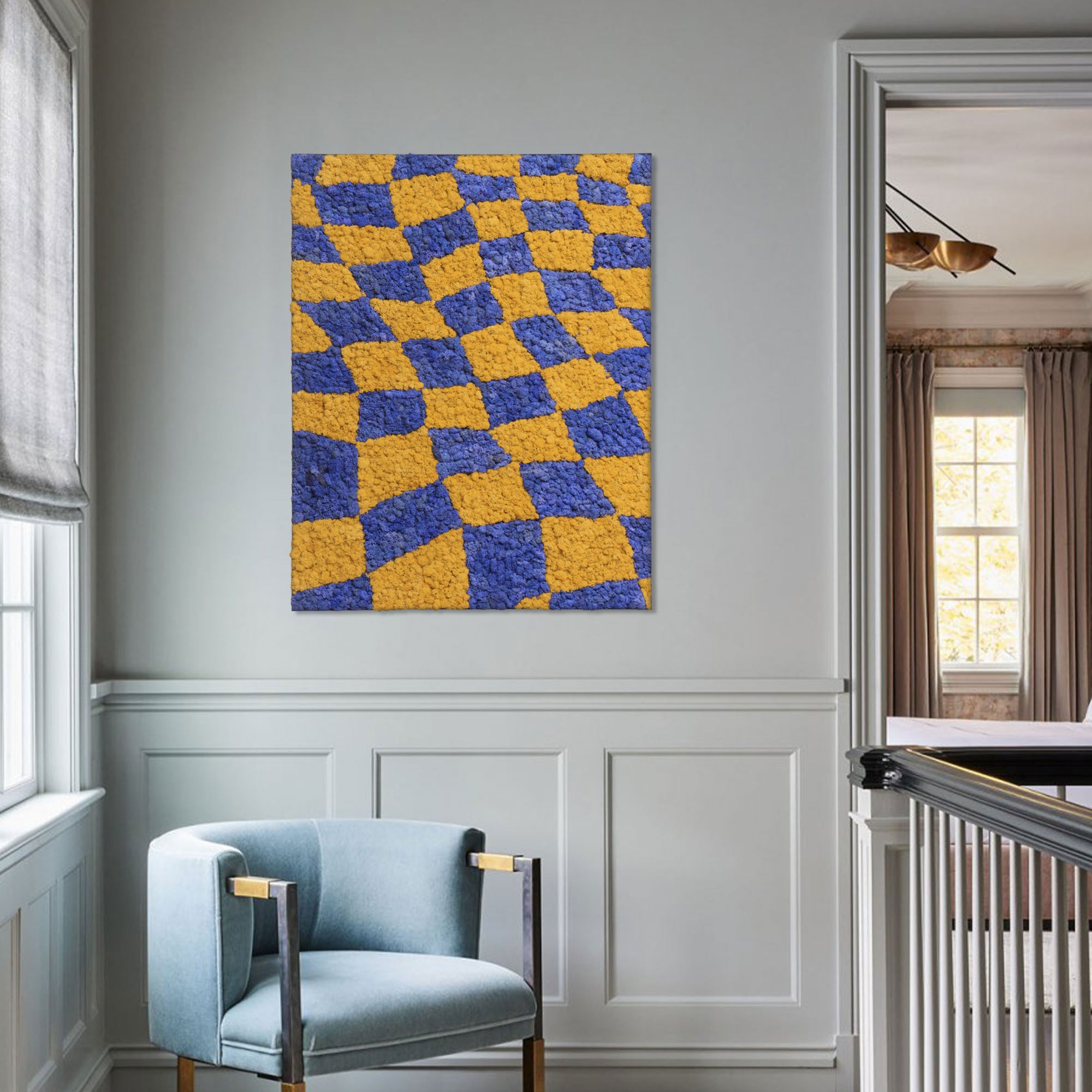 Lavender & Yellow Checkerboard Reindeer Moss Art displayed in a landing area, enhancing the decor.