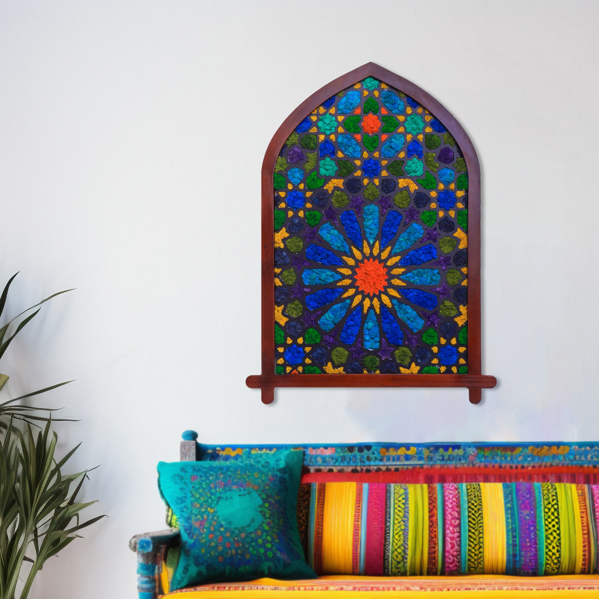 Moroccan moss wall art hanging in a seating area, showcasing vibrant blue moss