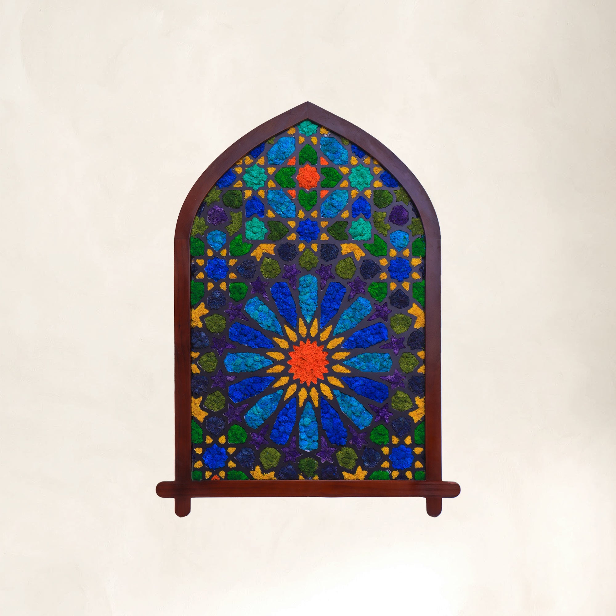 Arched blue Moroccan moss wall art with dark walnut frame, handcrafted with preserved reindeer moss