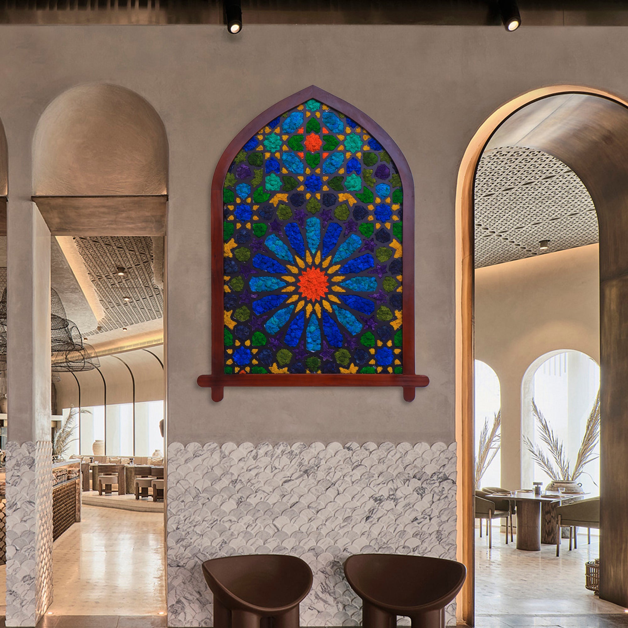 Moroccan moss wall art displayed in a Moroccan Fusion restaurant, adding texture to the hallway