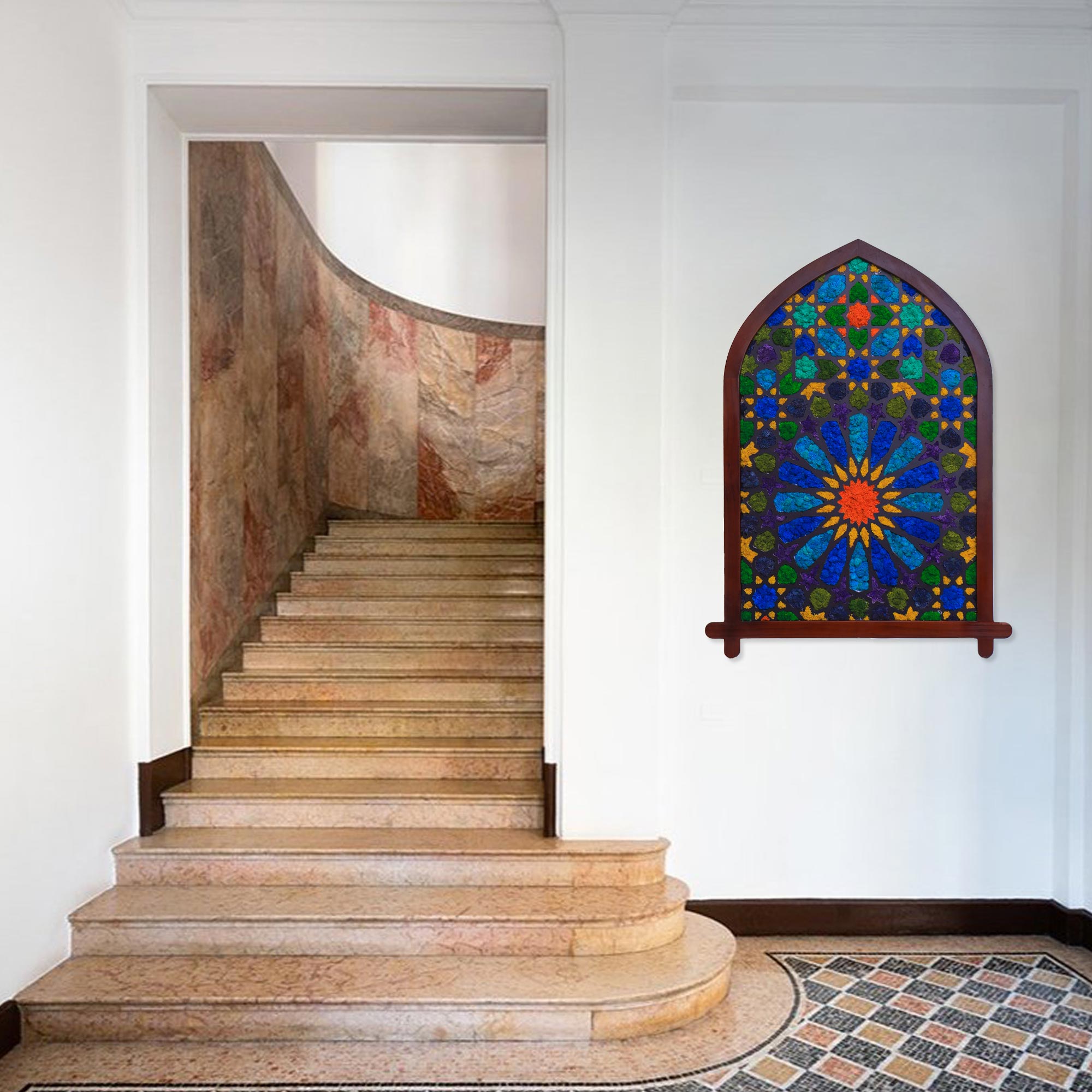 Moroccan moss wall art displayed in a vacation home, adding an exotic touch to the deco