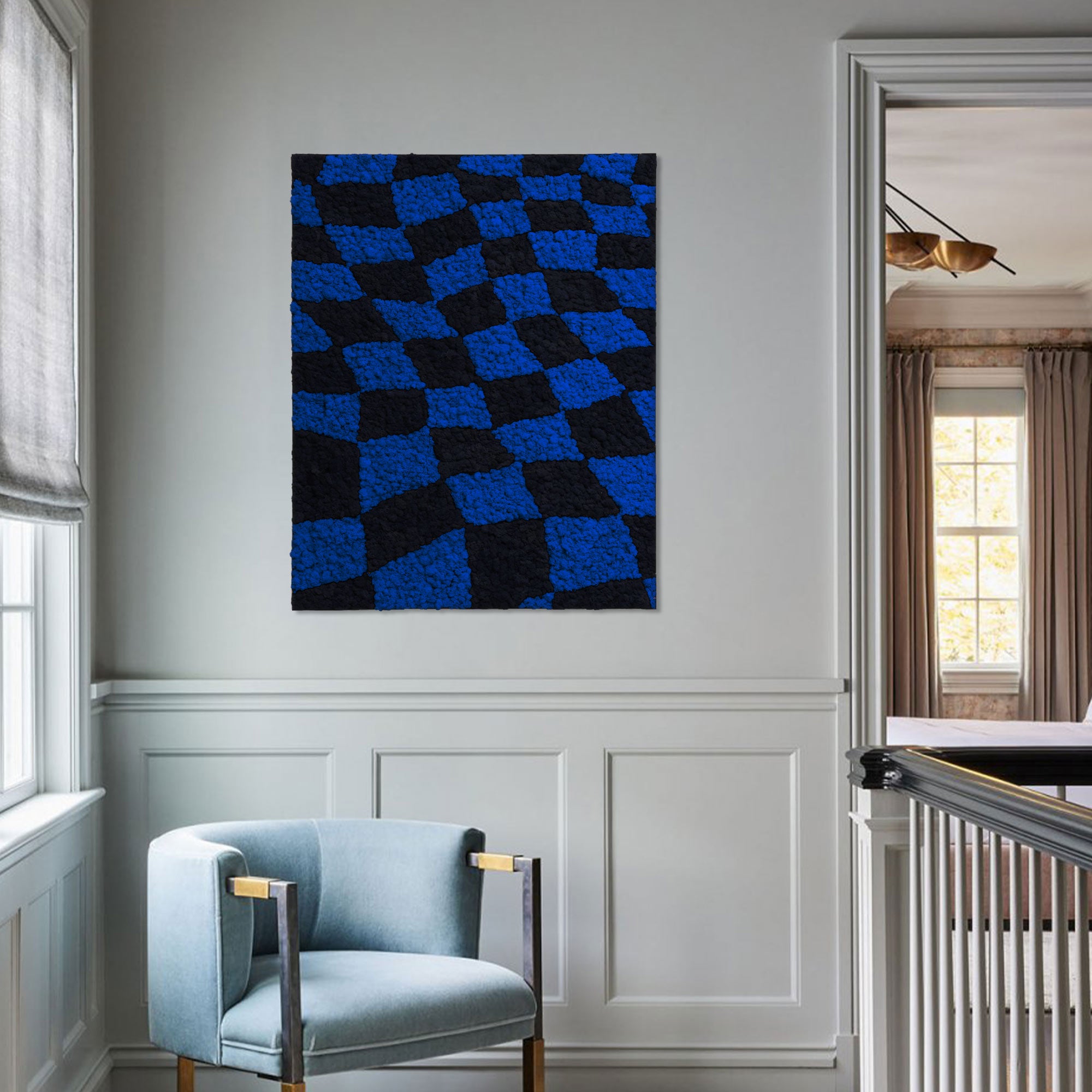 Black & Blue Checkerboard Reindeer Moss Art hanging in a corner of modern home, adding sophistication.