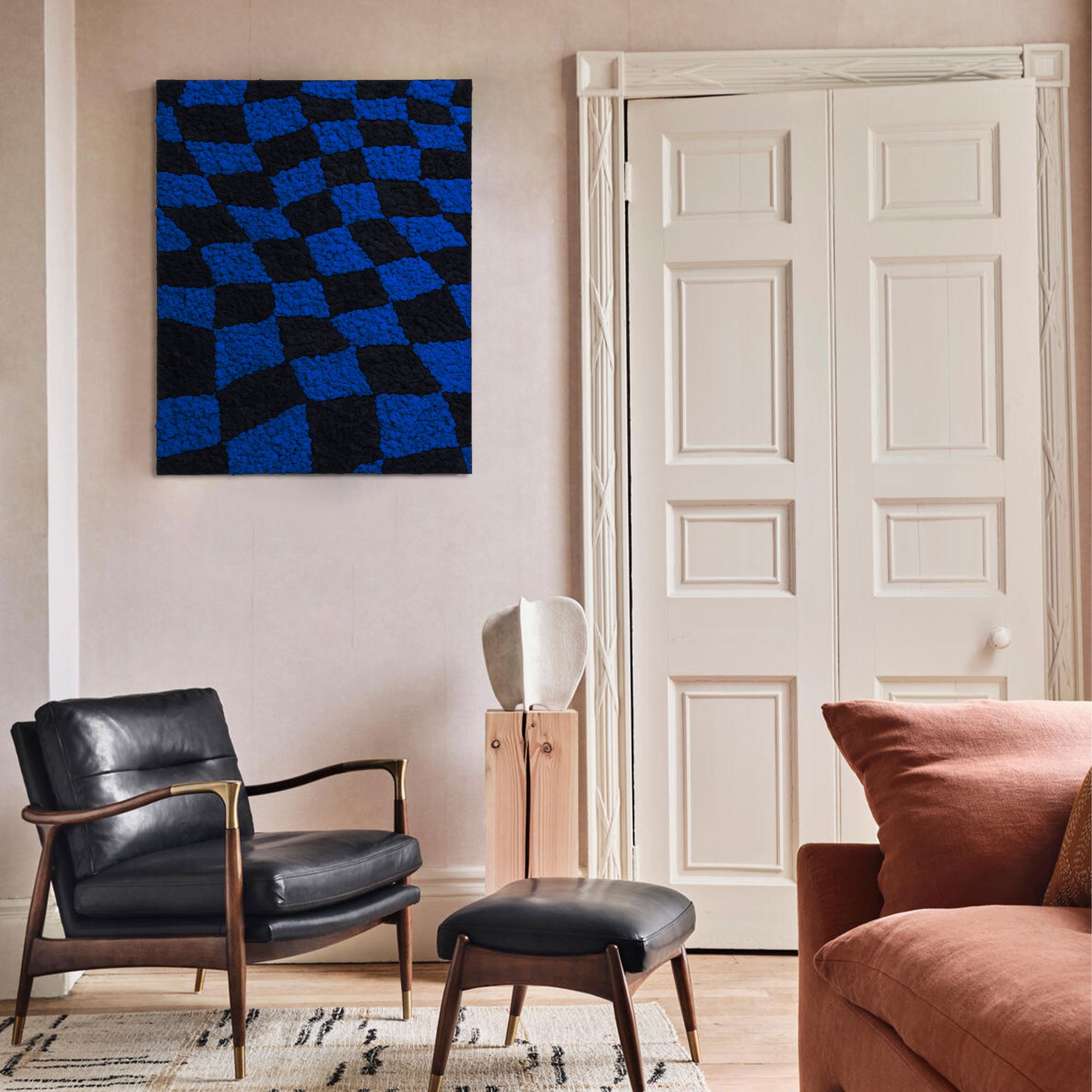 Black & Blue Checkerboard Reindeer Moss Art displayed in an elegant living room, enhancing the decor.