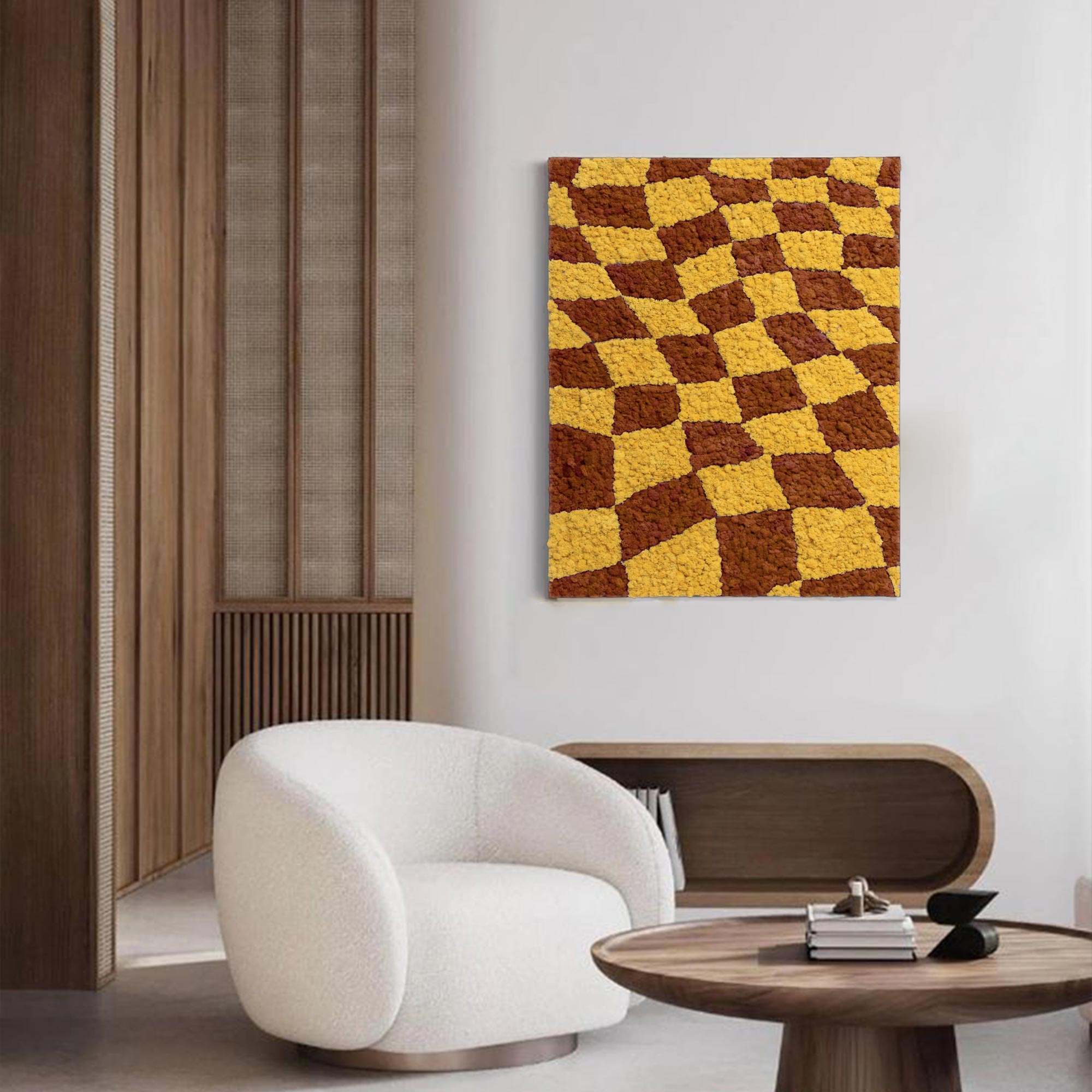 Yellow & Coffee Checkerboard Reindeer Moss Art hanging in a contemporary living room, adding bold statements.