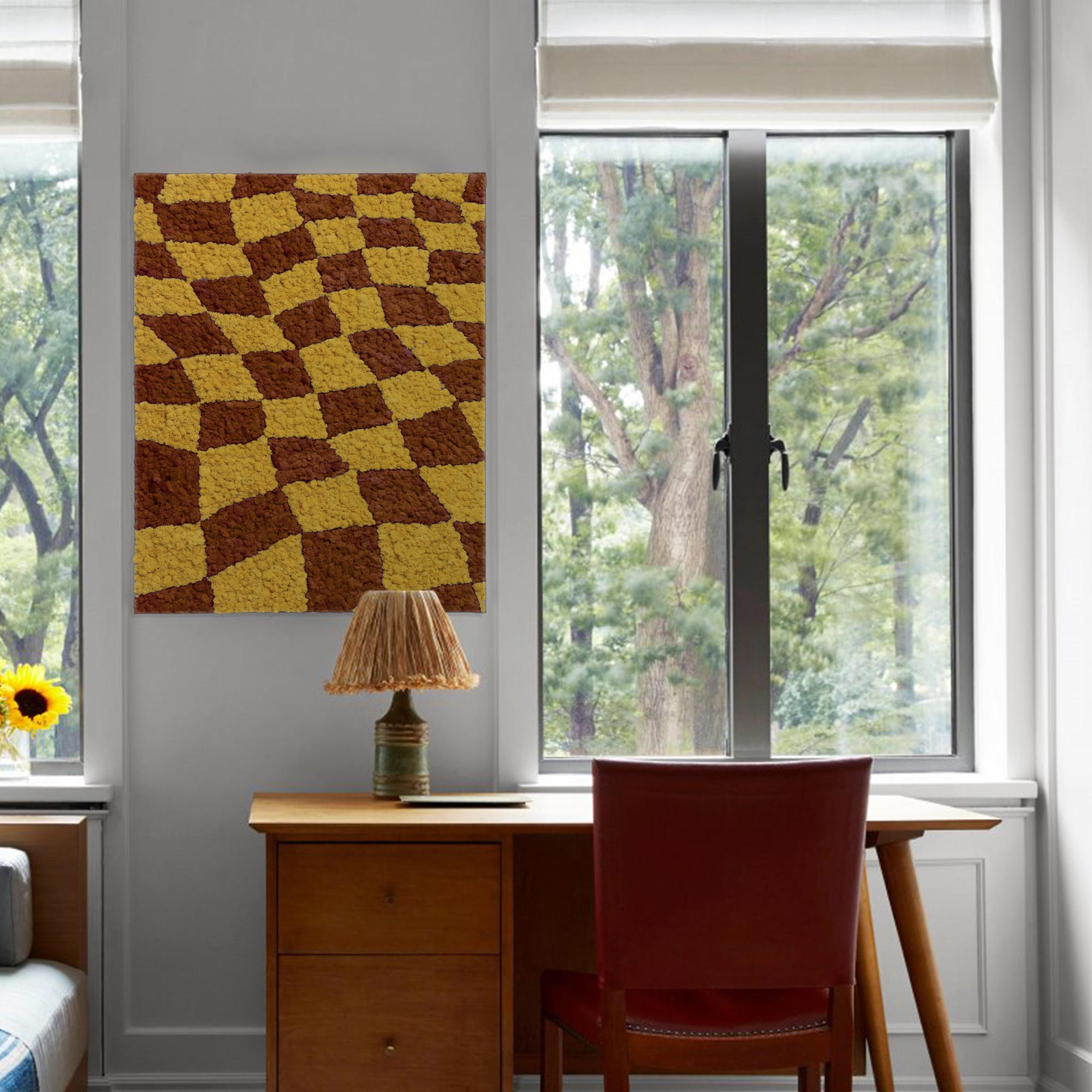 Coffee & Yellow Checkerboard Reindeer Moss Art displayed in a Modern home office, enhancing the decor.