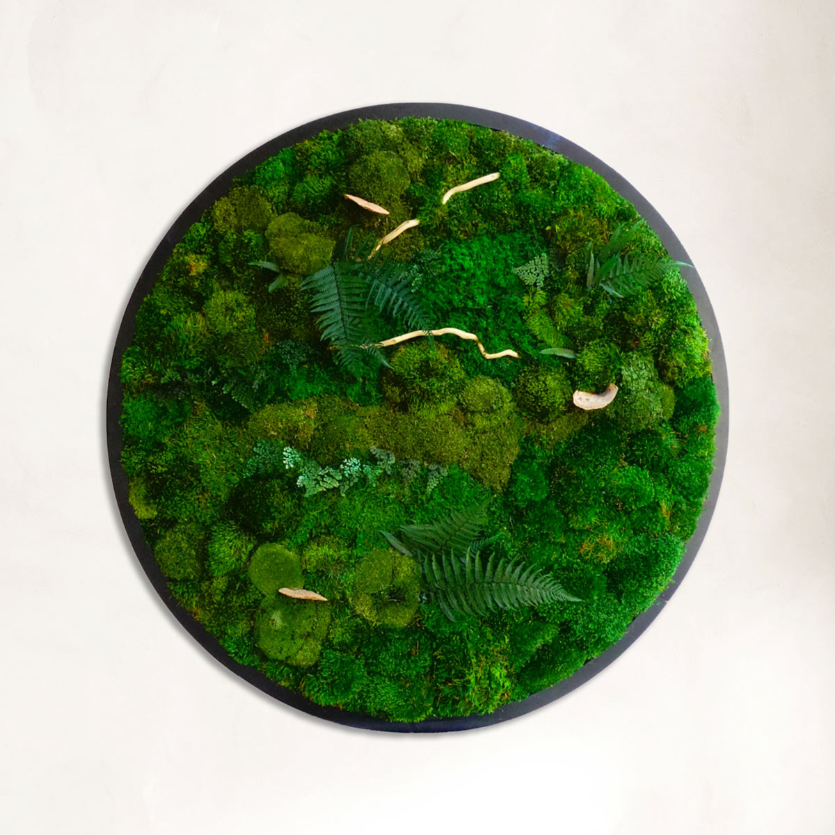 Circular preserved moss wall art with wooden frame and mushroom accents