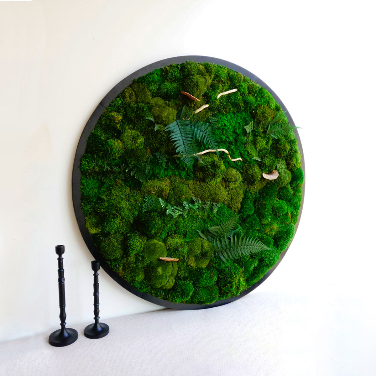 Side view of 36-inch organic moss wall art showing depth and texture