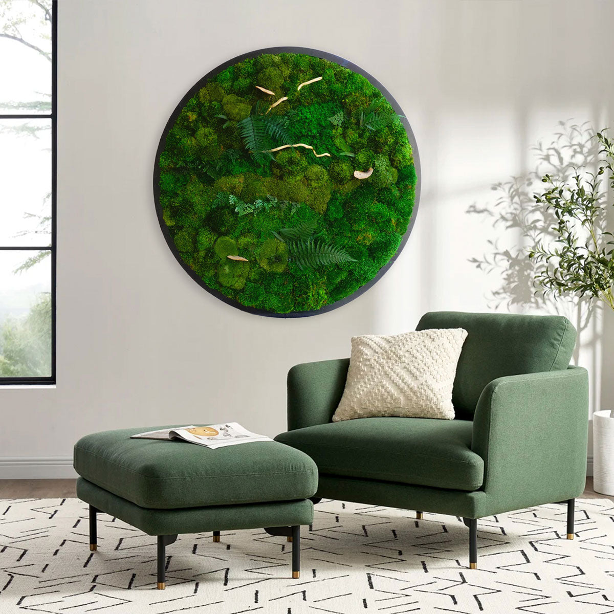 Organic moss wall art displayed in modern living room setting