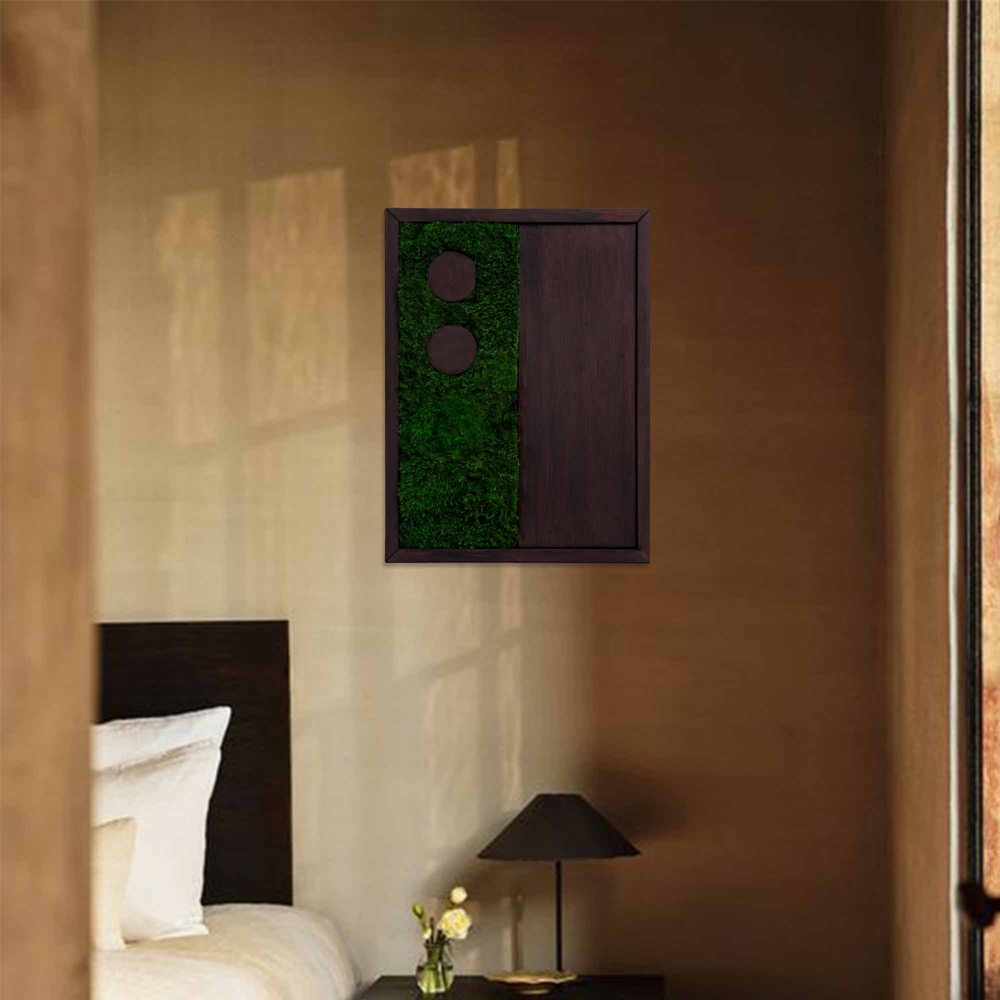 Dark Walnut Pattern Moss Wall Art enhancing zen-inspired bedroom