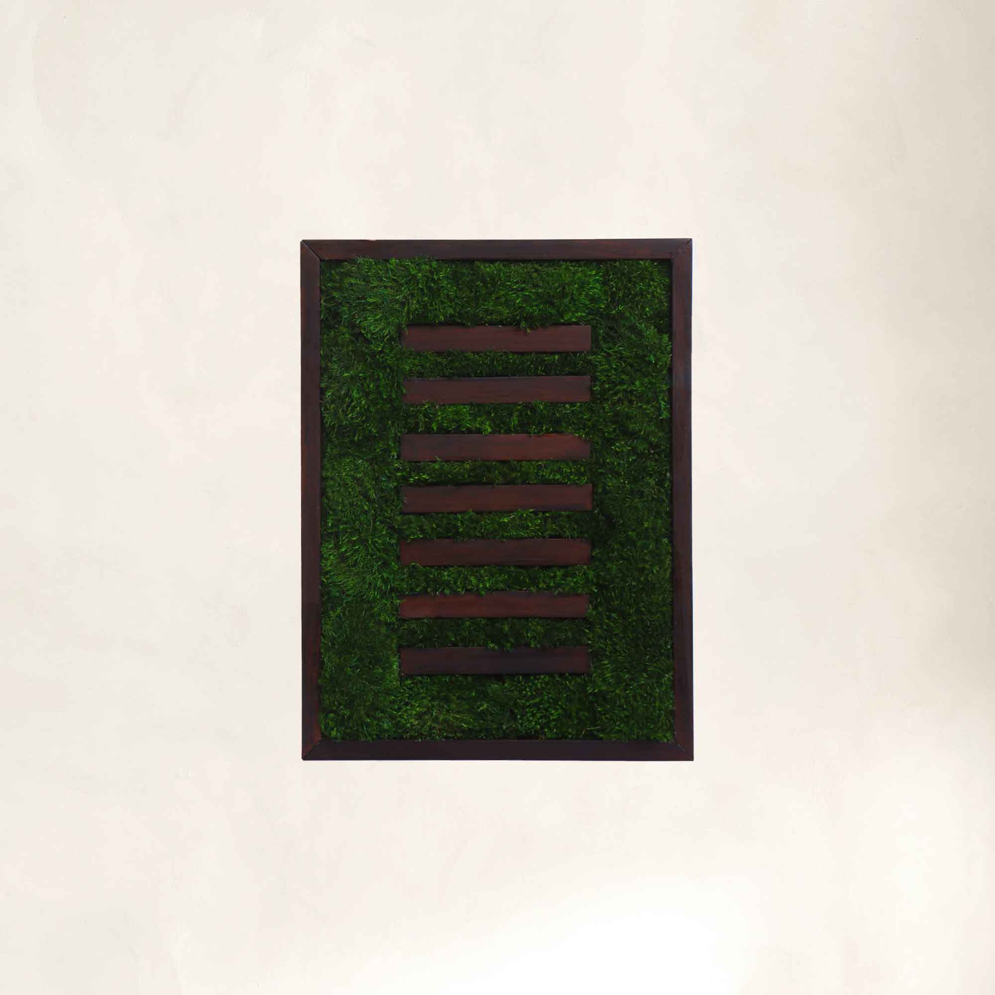 Dark Walnut Strips Wabi-sabi Moss Wall Art with preserved mood moss