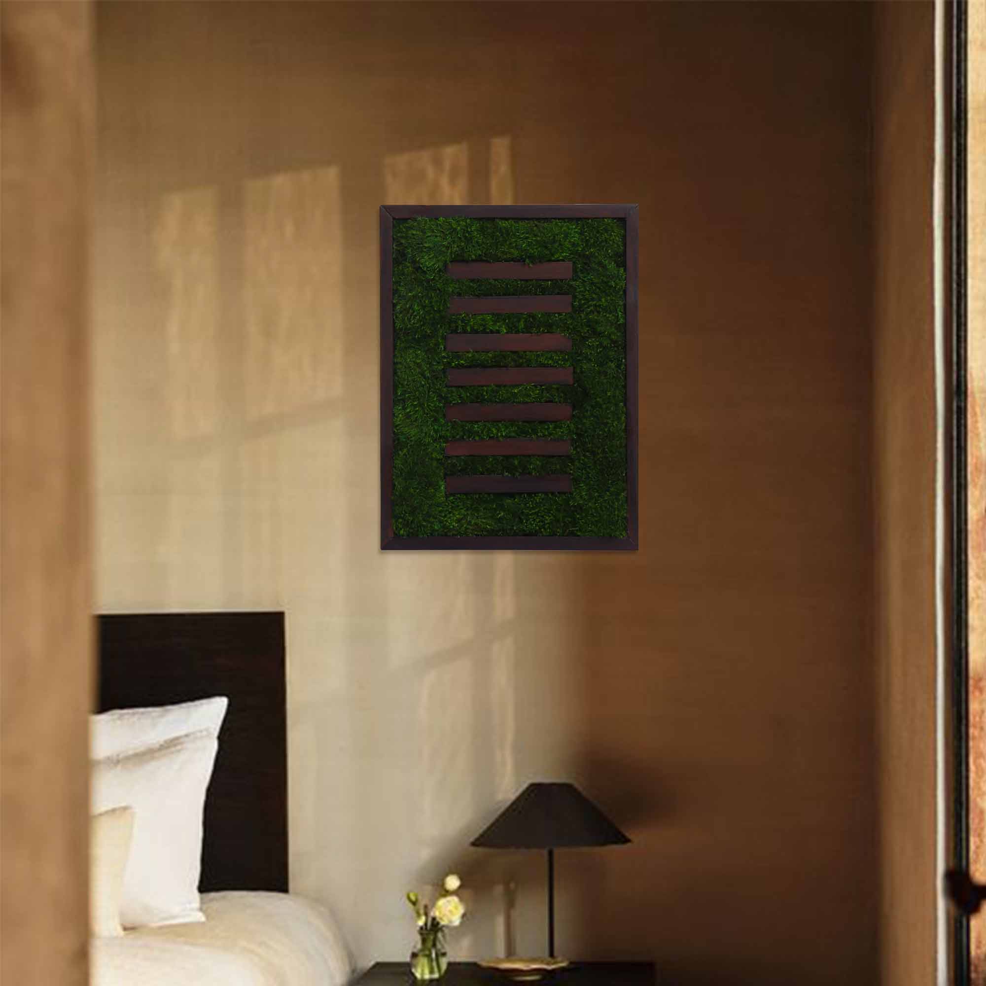 Wabi-sabi Moss Wall Art creating serene atmosphere in minimalist bedroom