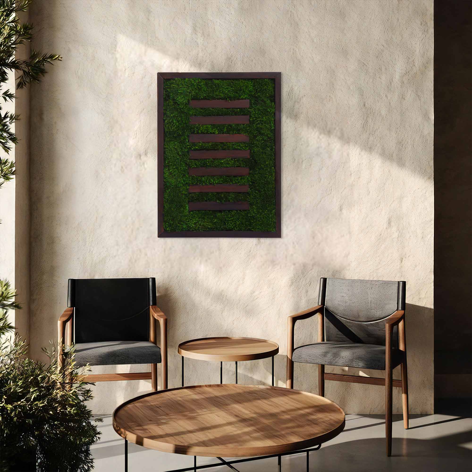 Dark Walnut Strips Moss Art as focal point in sitting area