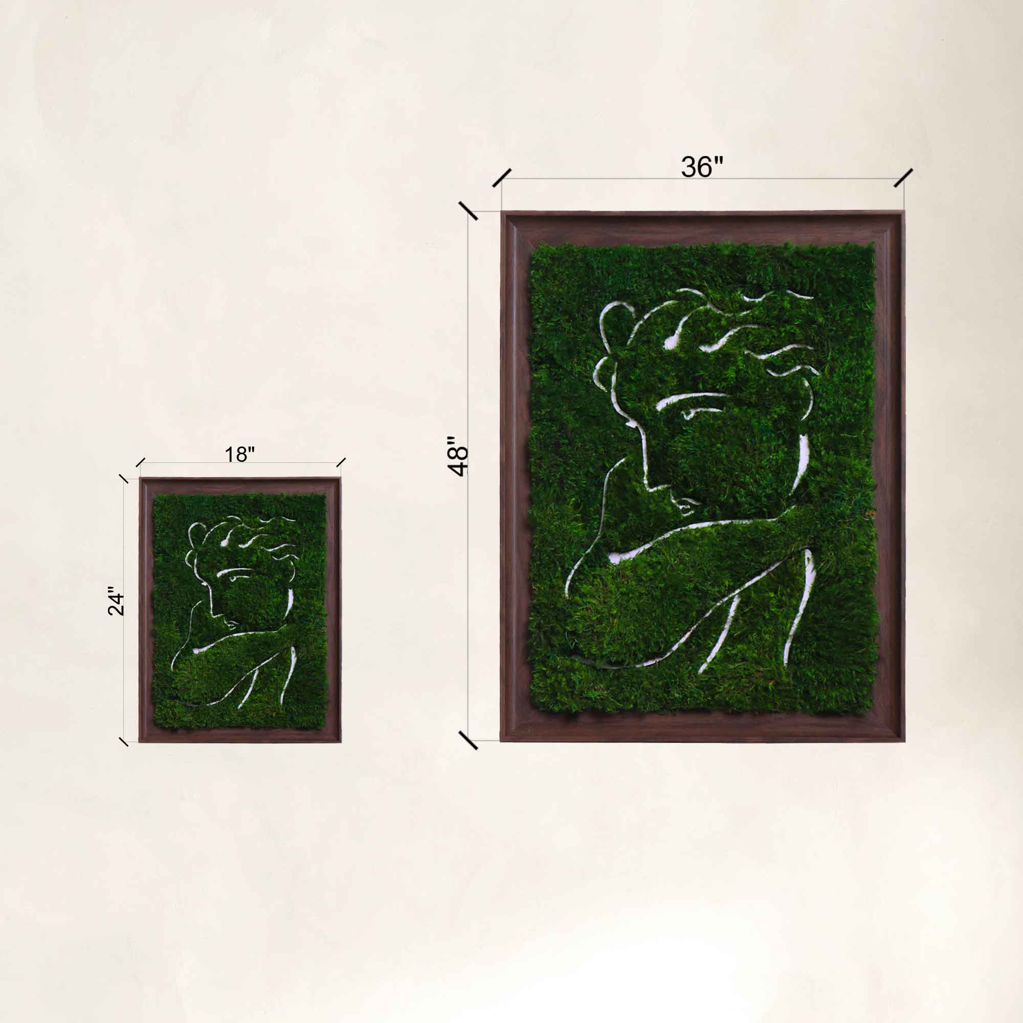 Dimension comparation of Framed Elegant Female Profile Parisian Moss Wall Art-large and small