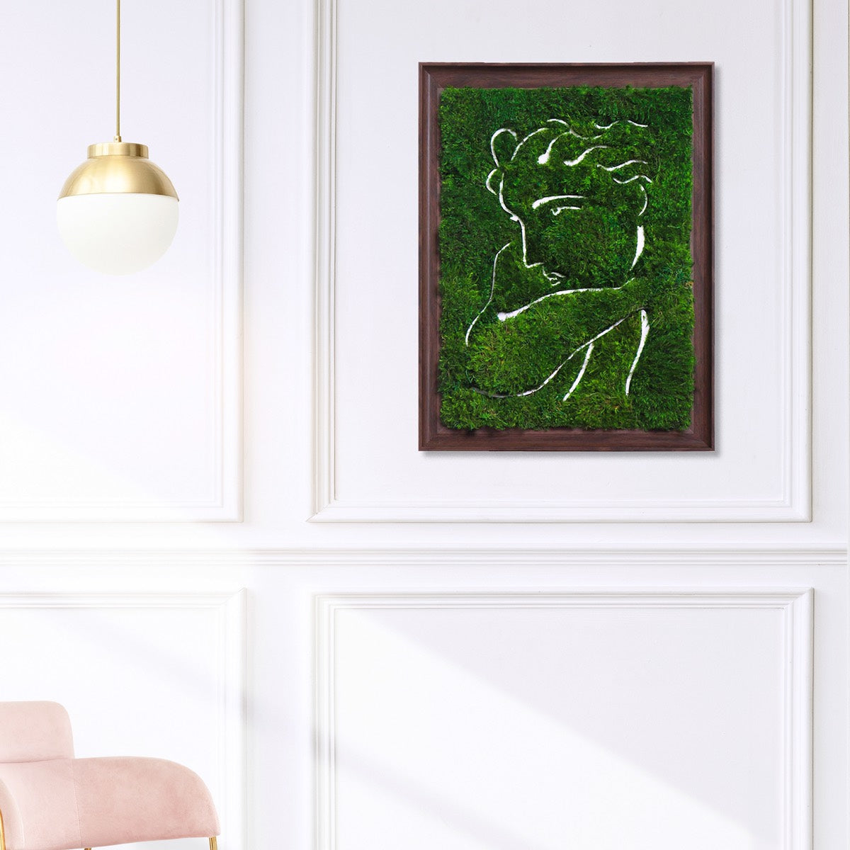 Framed Elegant Female Profile Parisian Moss Wall Art in a bright French-style study, combining lush Mood Moss with artistic design.