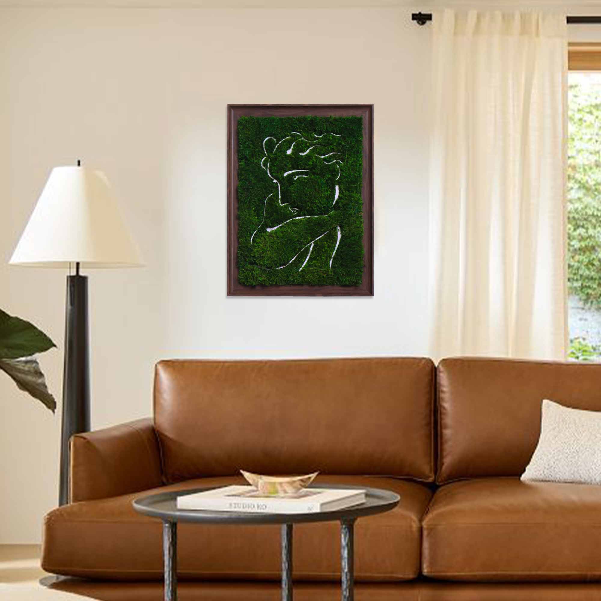 Parisian moss wall art hanging in a home office setting, showcasing vibrant green moss