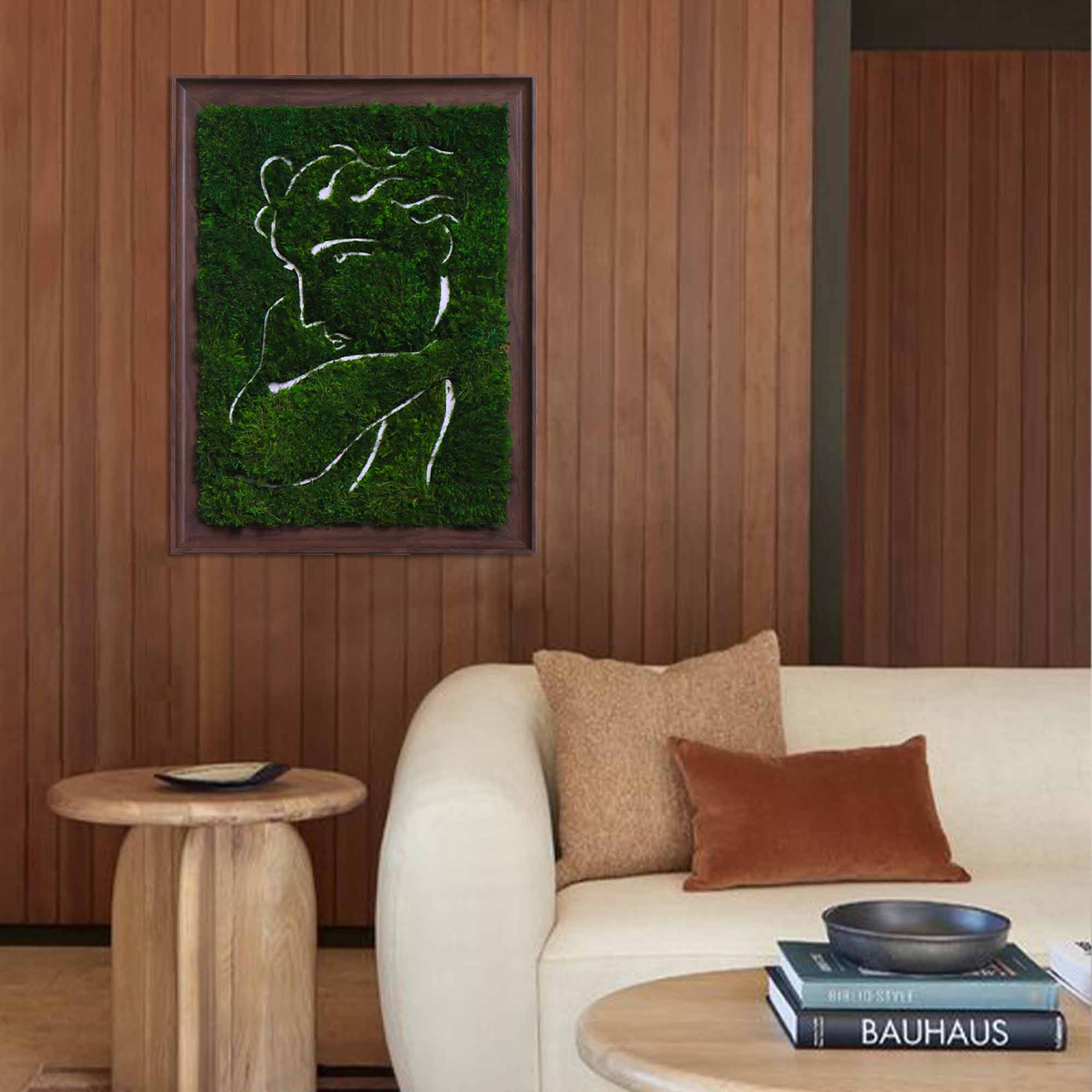 Parisian moss wall art displayed in a living room, adding a touch of nature to the decor