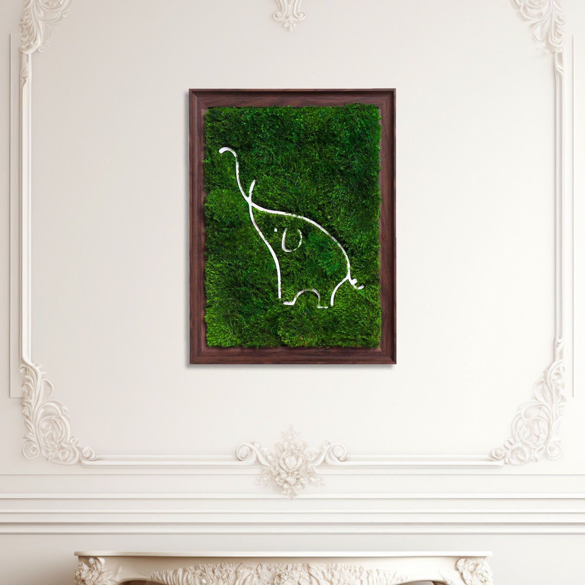 Framed Elephant Pattern Parisian Moss Wall Art in a French-style living room, combining lush Mood Moss with intricate artwork as the focal point.