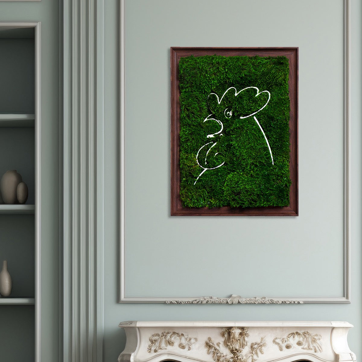 Framed Rooster Pattern Parisian Moss Wall Art in a French-style living room, combining lush Mood Moss with intricate artwork as the focal point.
