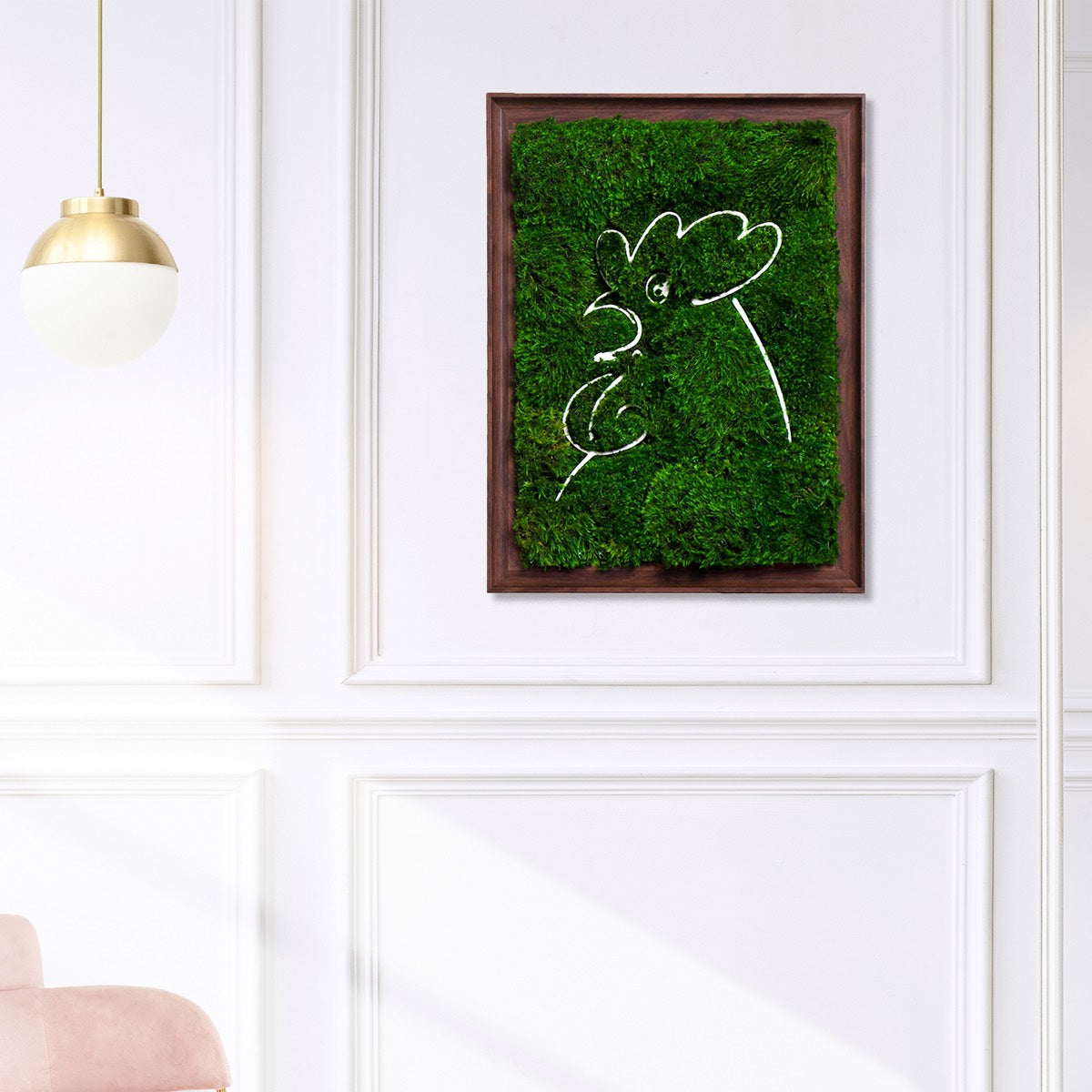 Framed Rooster Pattern Parisian Moss Wall Art in a bright French-style study, combining lush Mood Moss with artistic design.