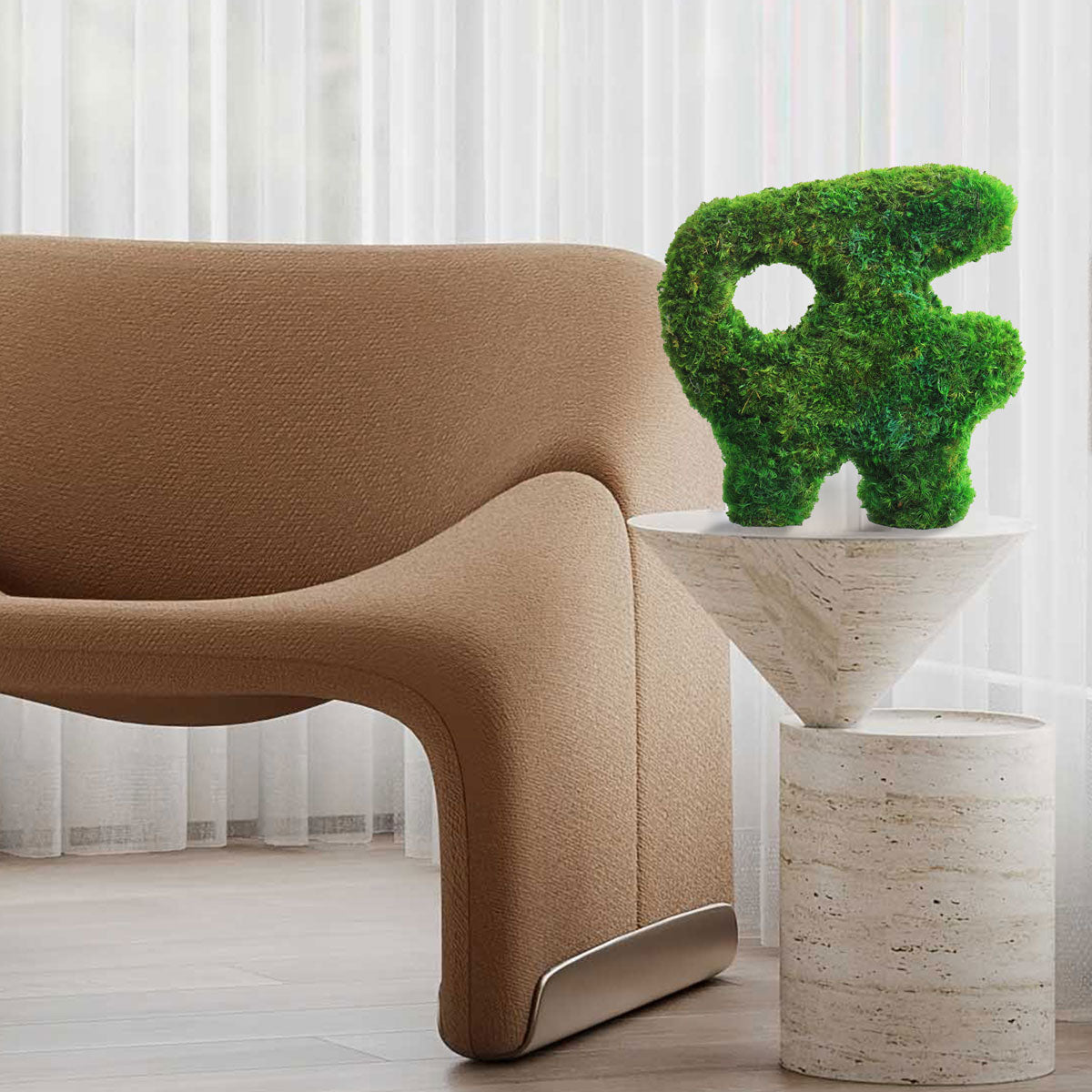 Little Beast Sculptural Mood Moss Tabletop displayed on a modern side table.
