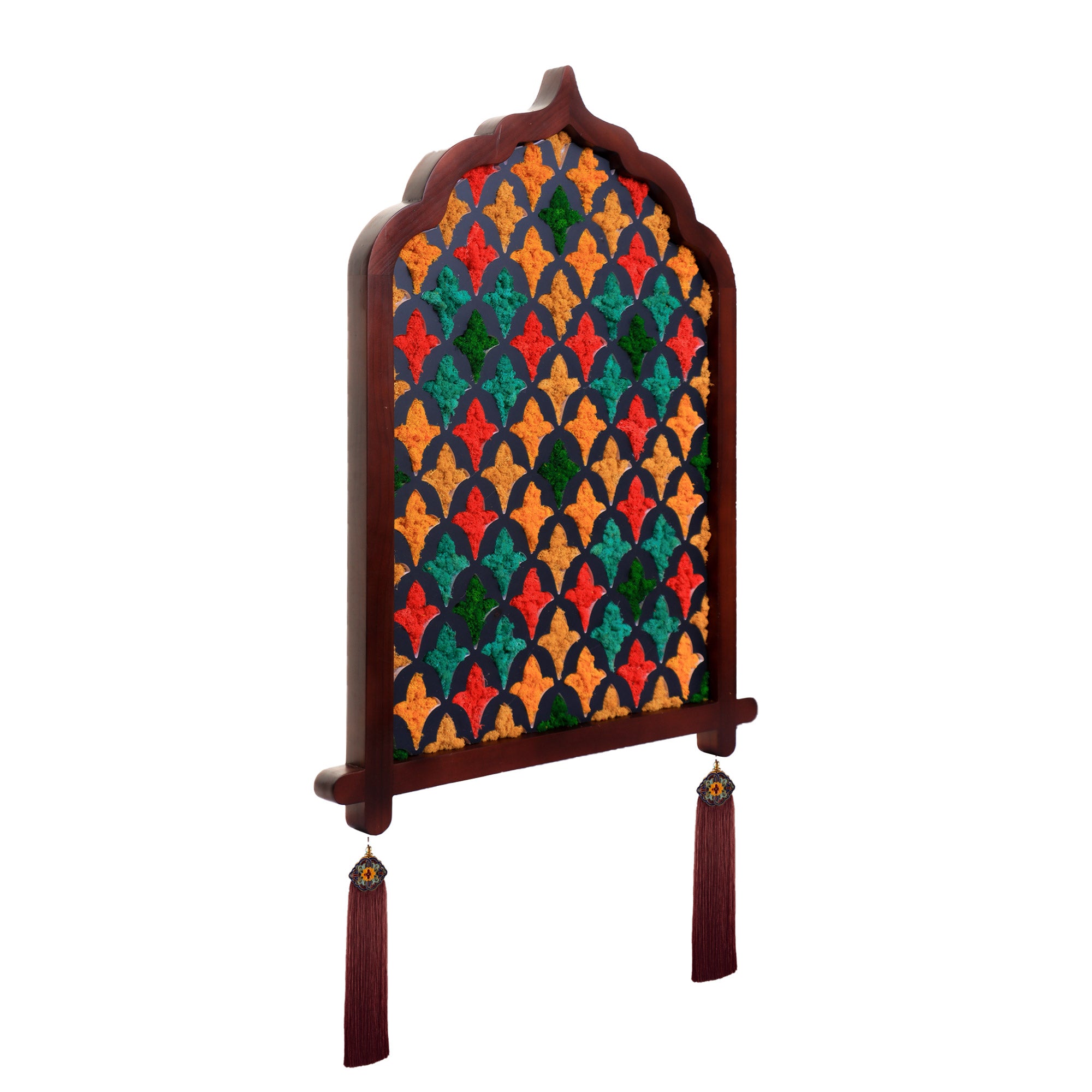 Side profile of ogee-shaped jewel tone Moroccan moss wall art