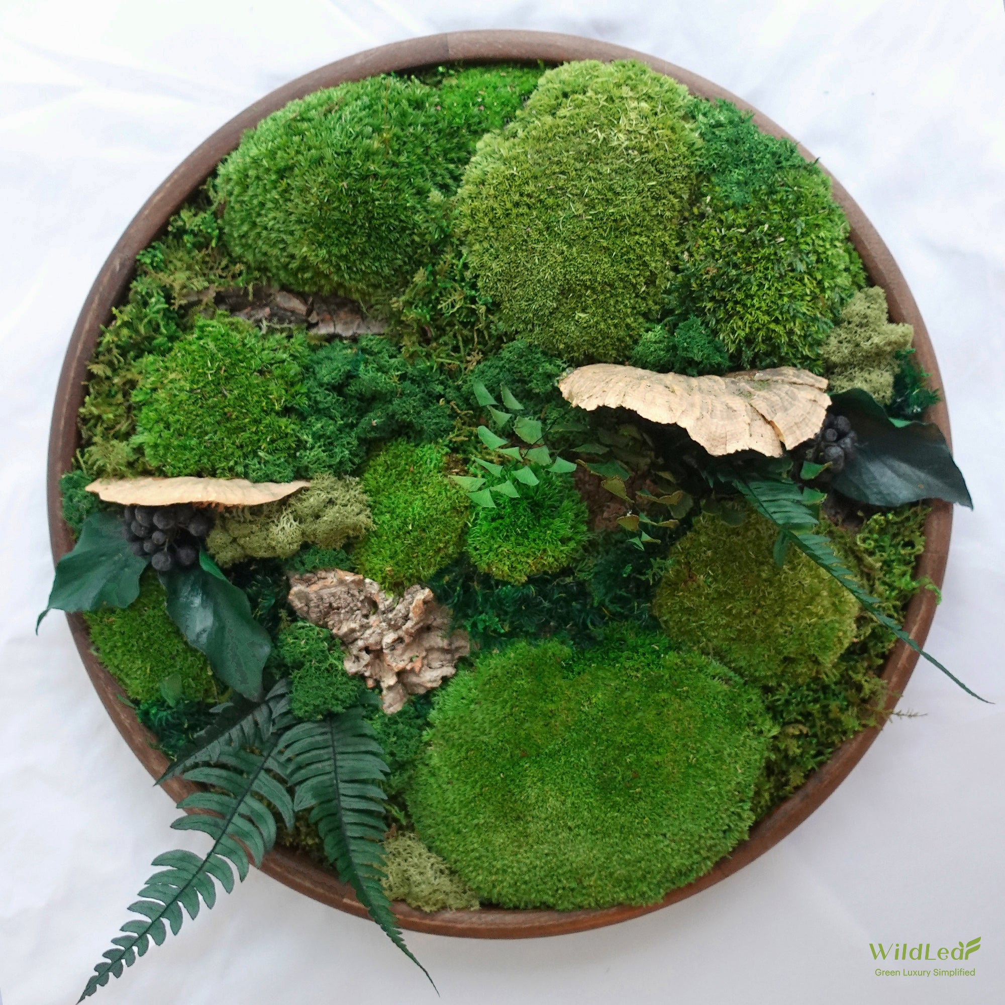 Overhead view of Round Wood Centerpiece with Moss, featuring preserved moss and natural elements for home or office decor.