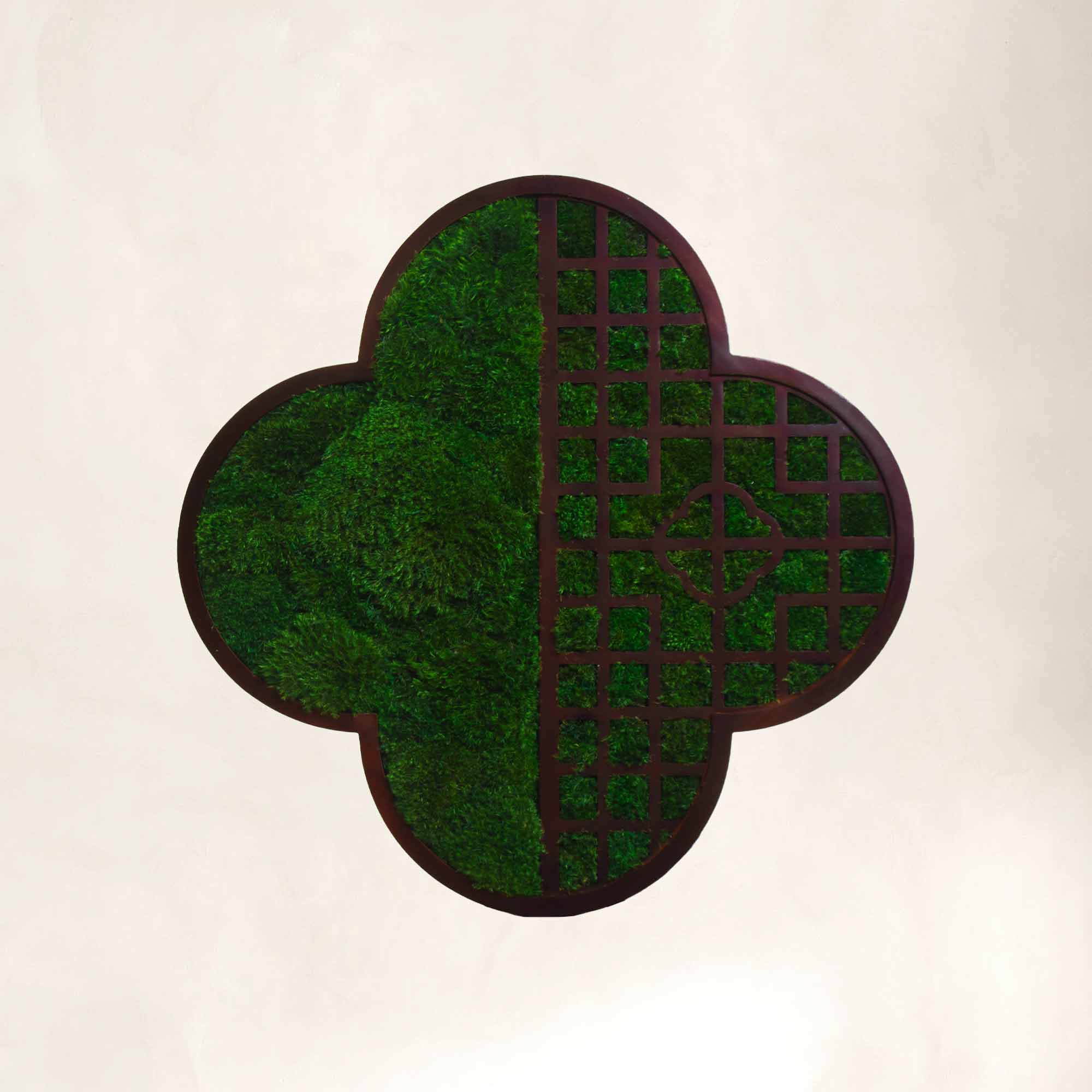 Plum Lattice Window Oriental Moss Wall Art with dark walnut wood frame and half-open lattice design.