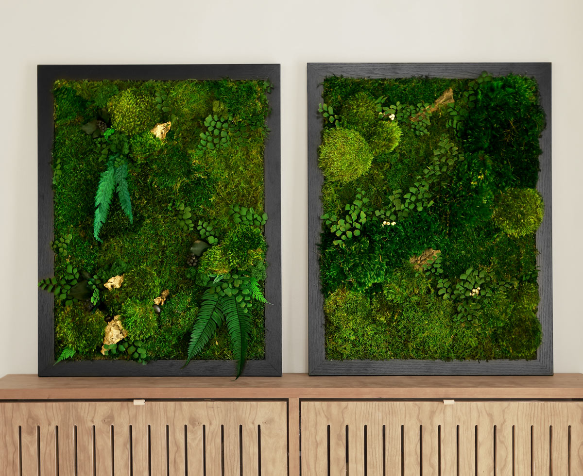 Two-piece moss art set displayed in modern living room setting