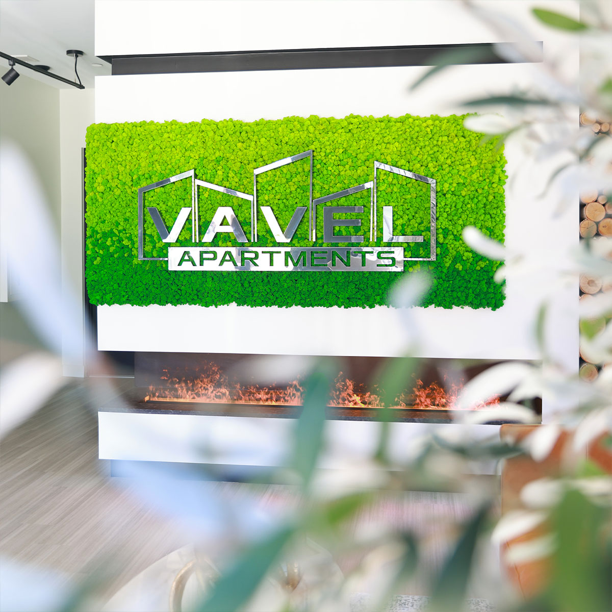 Reindeer moss tile with metal logo in a luxury apartment lobby