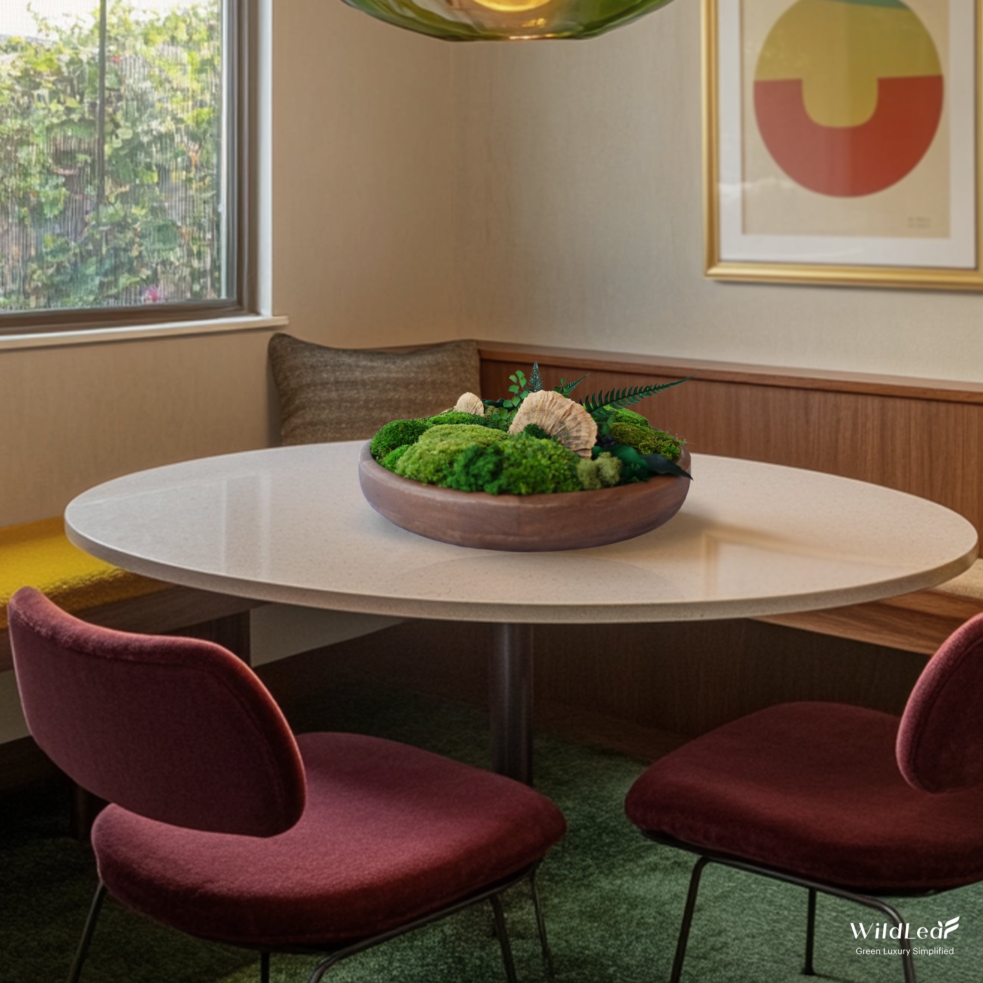 Round Wood Centerpiece with Moss placed on a modern dinning table, adding natural moss decor to a home.