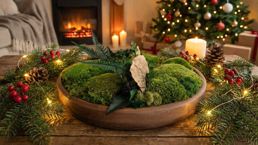 Preserved moss bowl styled as a thoughtful holiday decor gift, featuring real moss in a wooden bowl with warm seasonal accents.