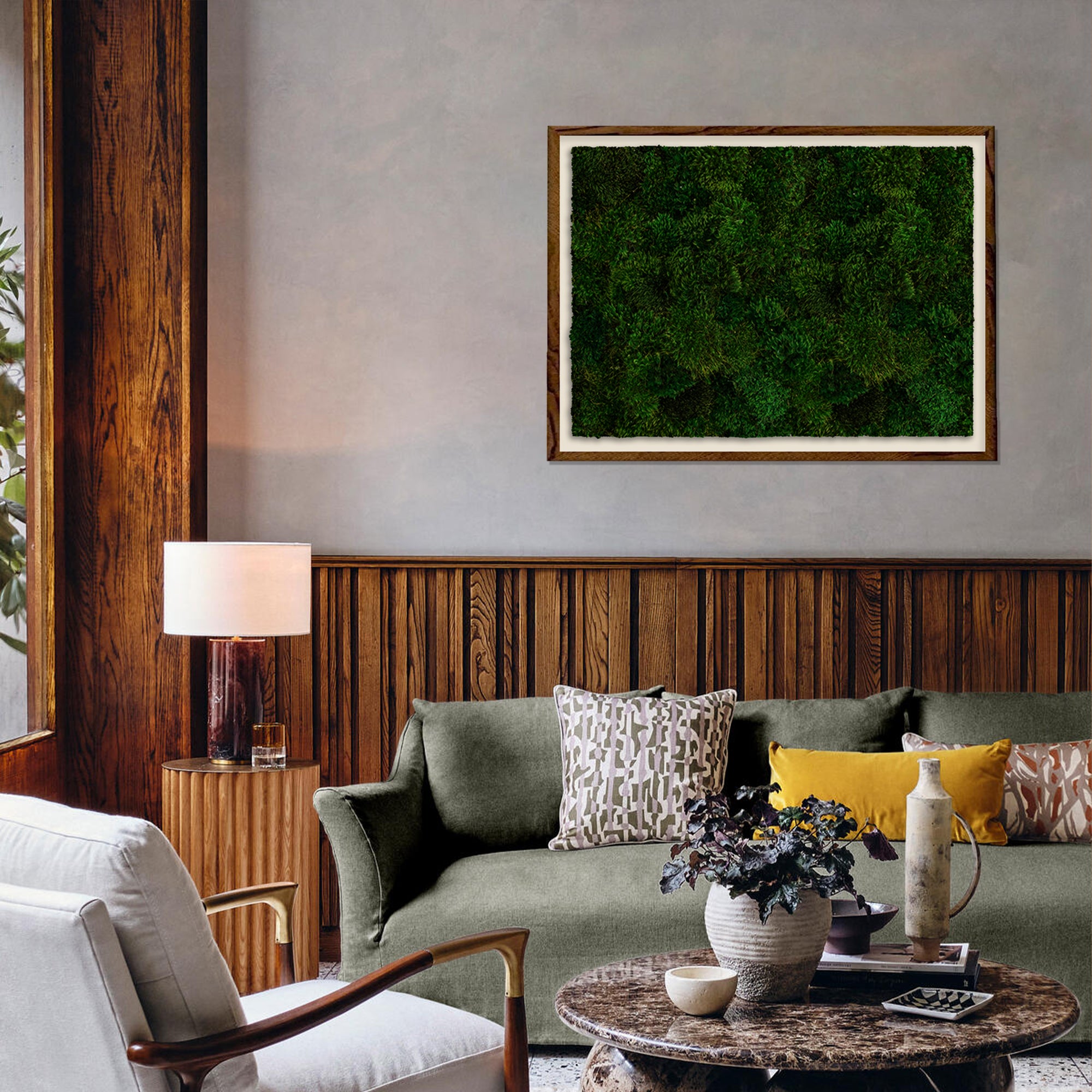 Wabi-sabi moss wall art displayed in modern living room setting