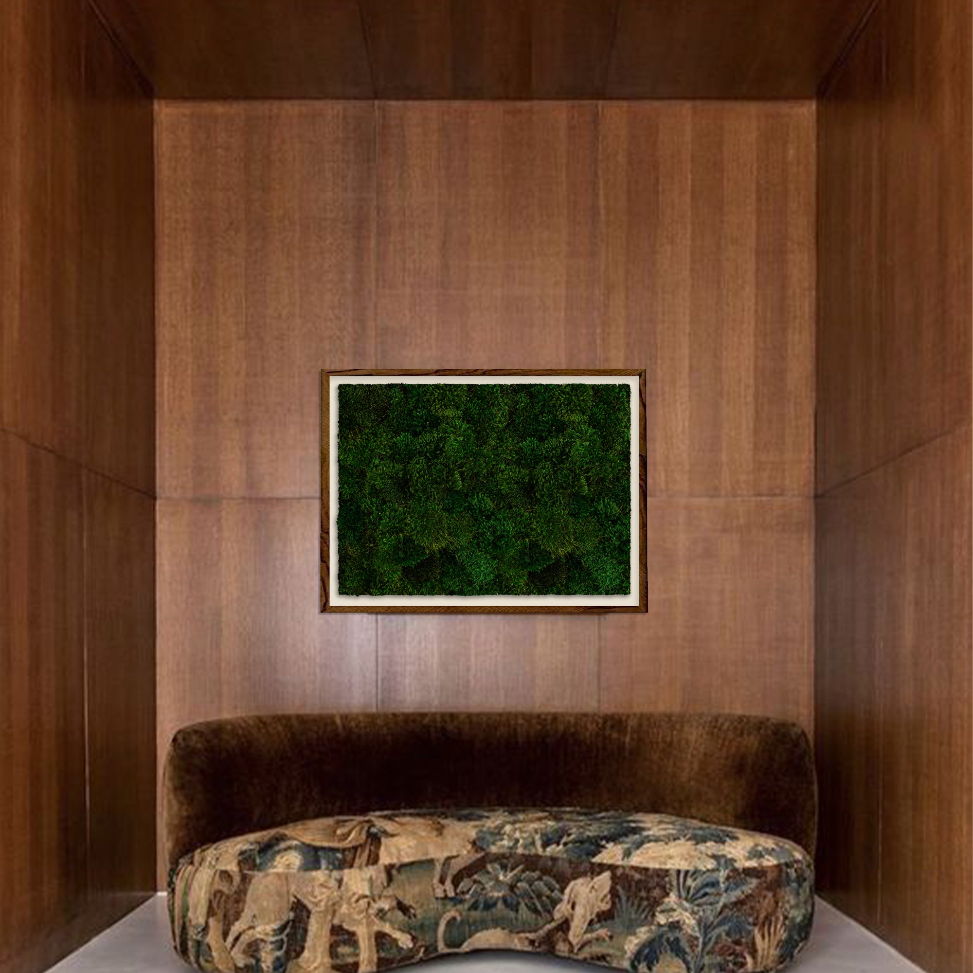 Rectangle moss wall art as focal point in small meeting room