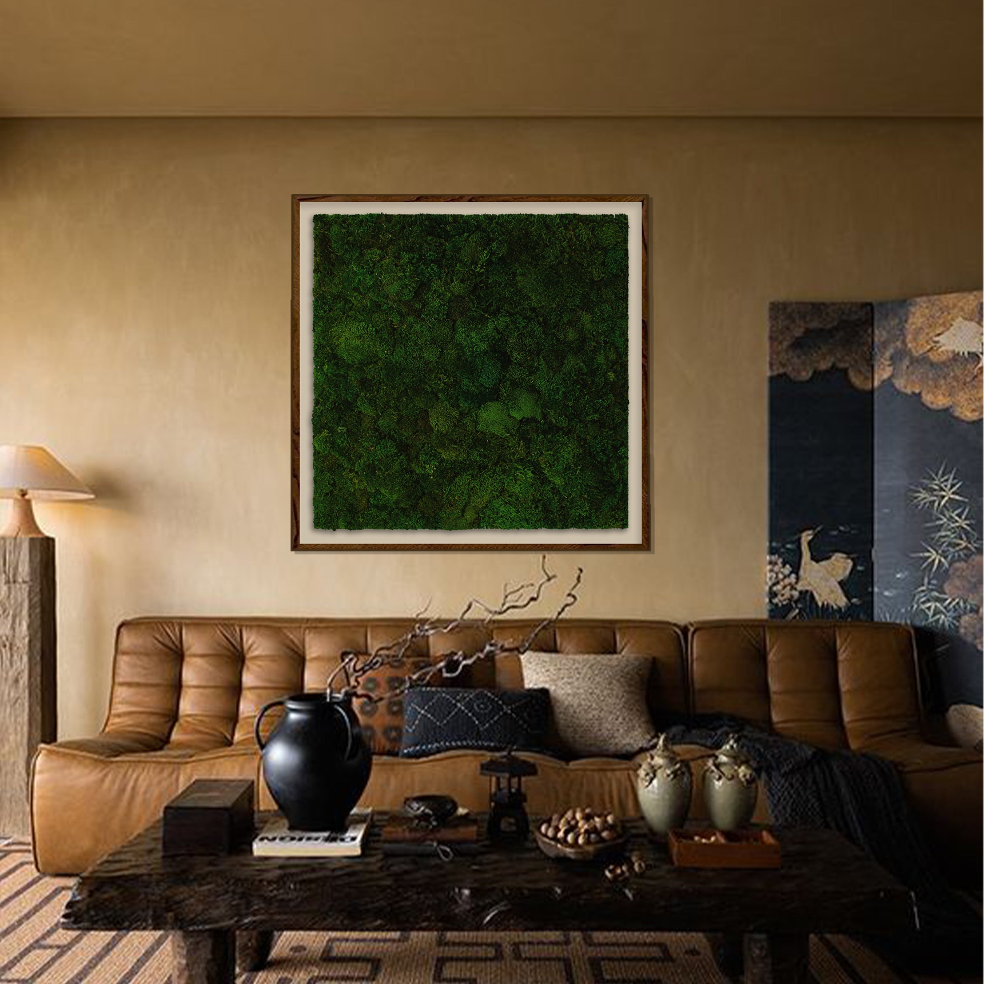 Square moss art as bedside decor in contemporary living room