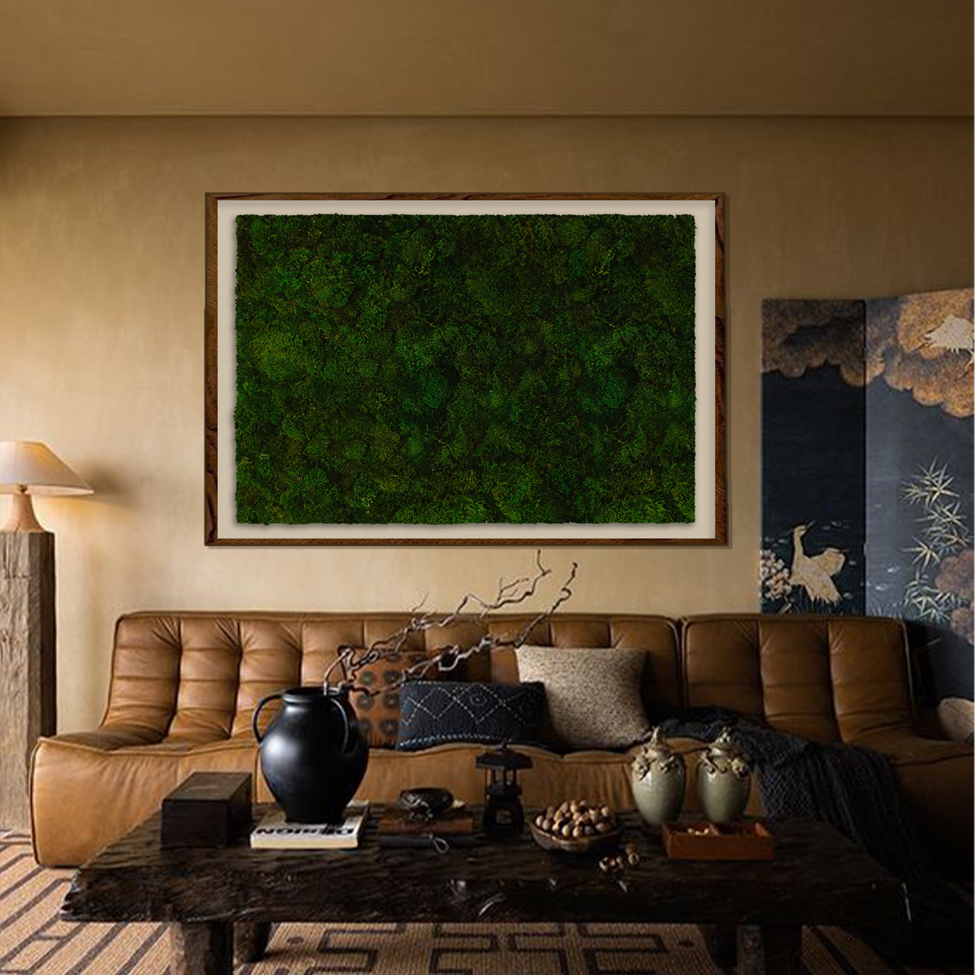 Grand moss wall installation enhancing luxury sitting room ambiance