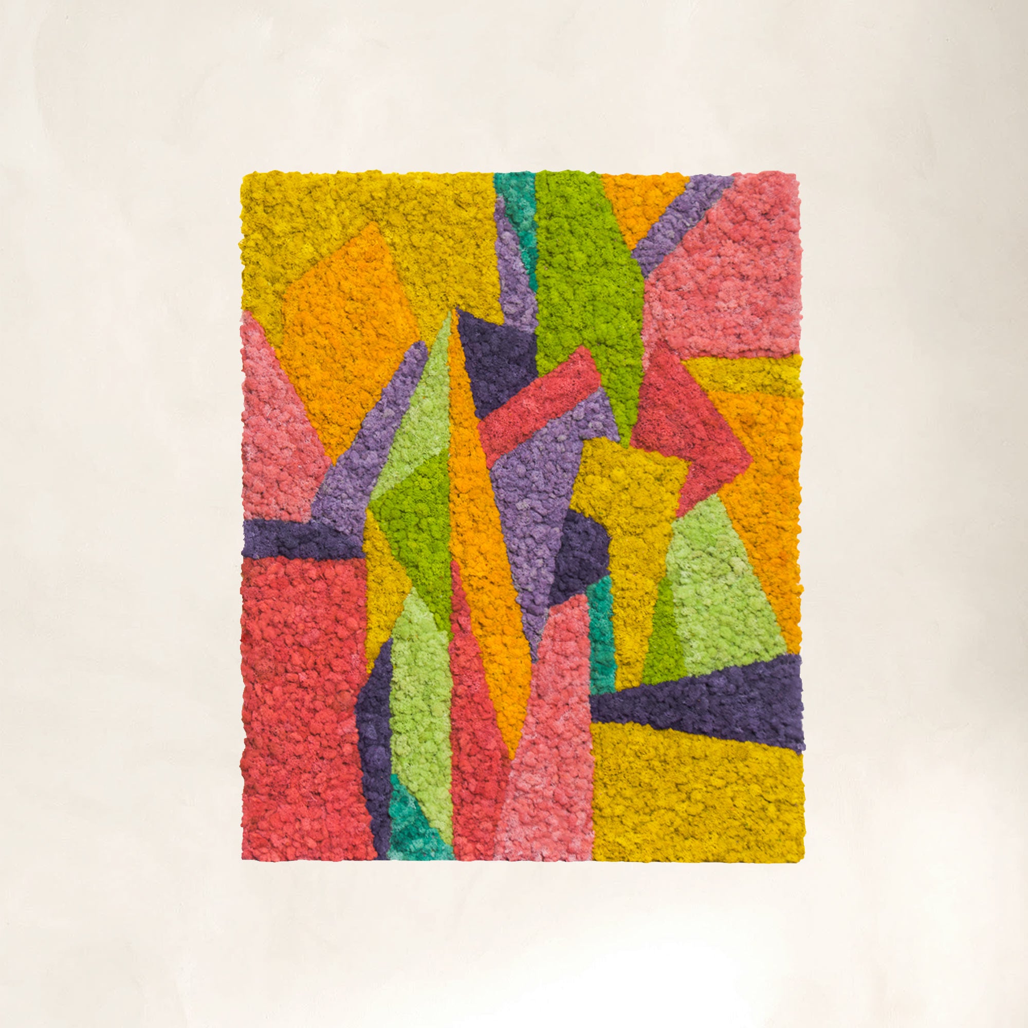 Large Abstract Modern Reindeer Moss Wall Art with reindeer moss-wrapped edges in warm orange and pink tones
