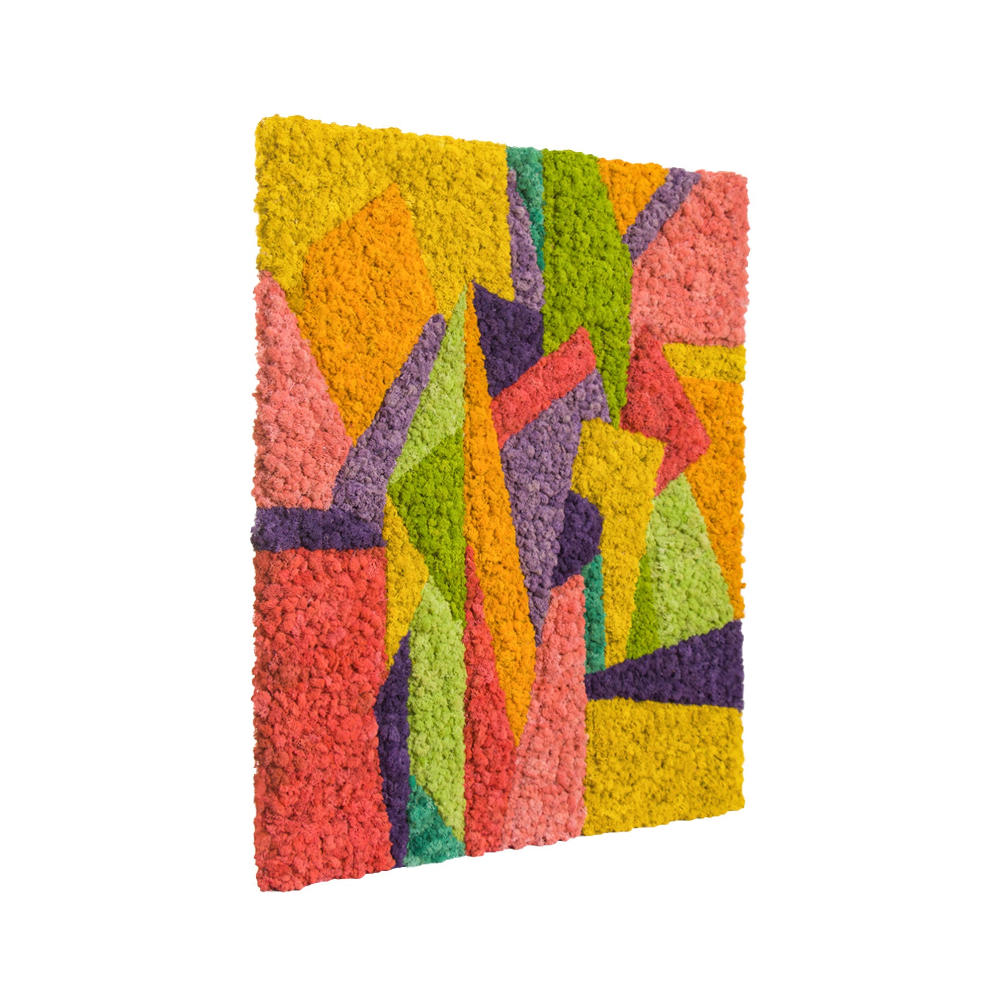Side profile of frameless moss art with vibrant wrapped edges.