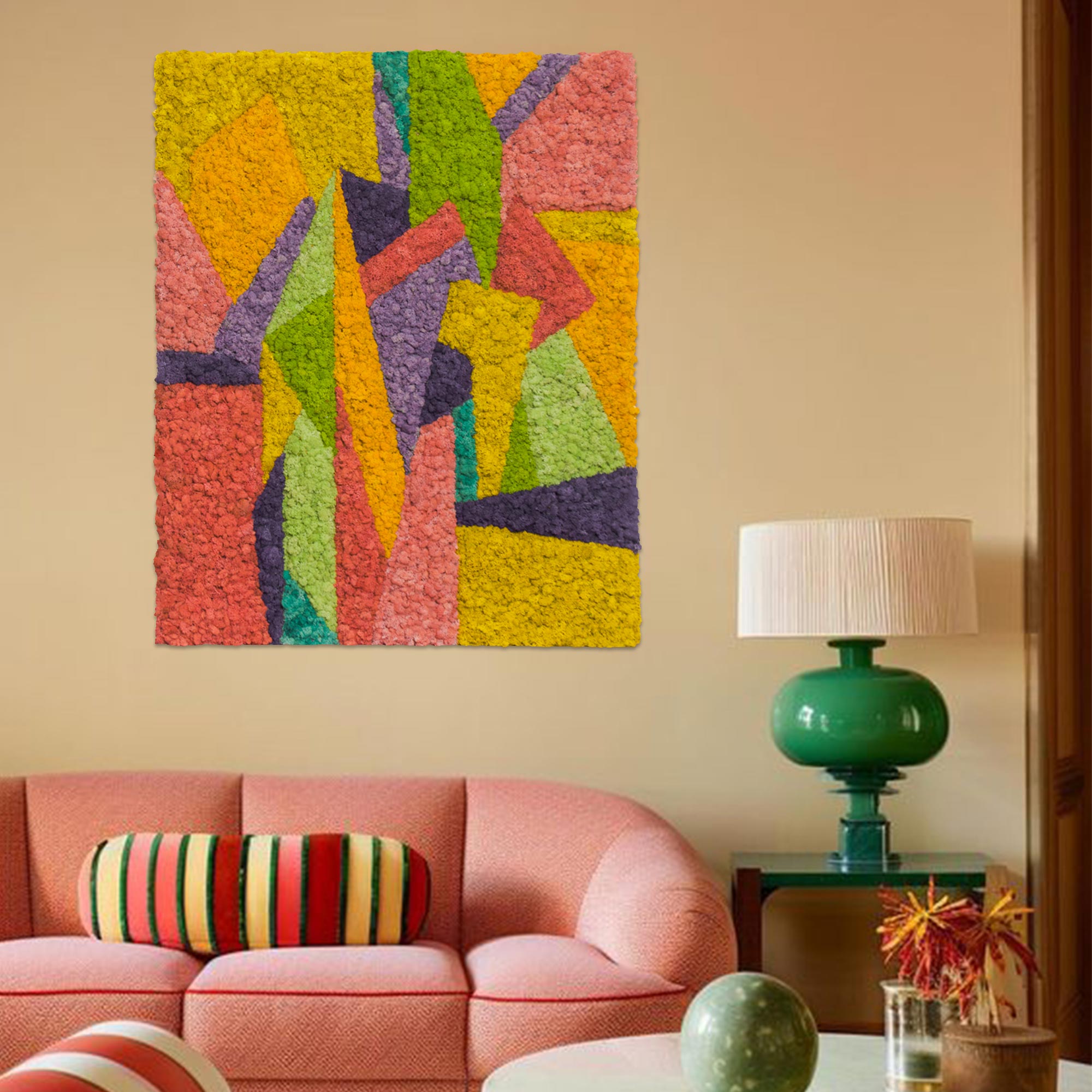 Abstract Modern Reindeer Moss Wall Art Warm Tones hanging in a vibrant living room.