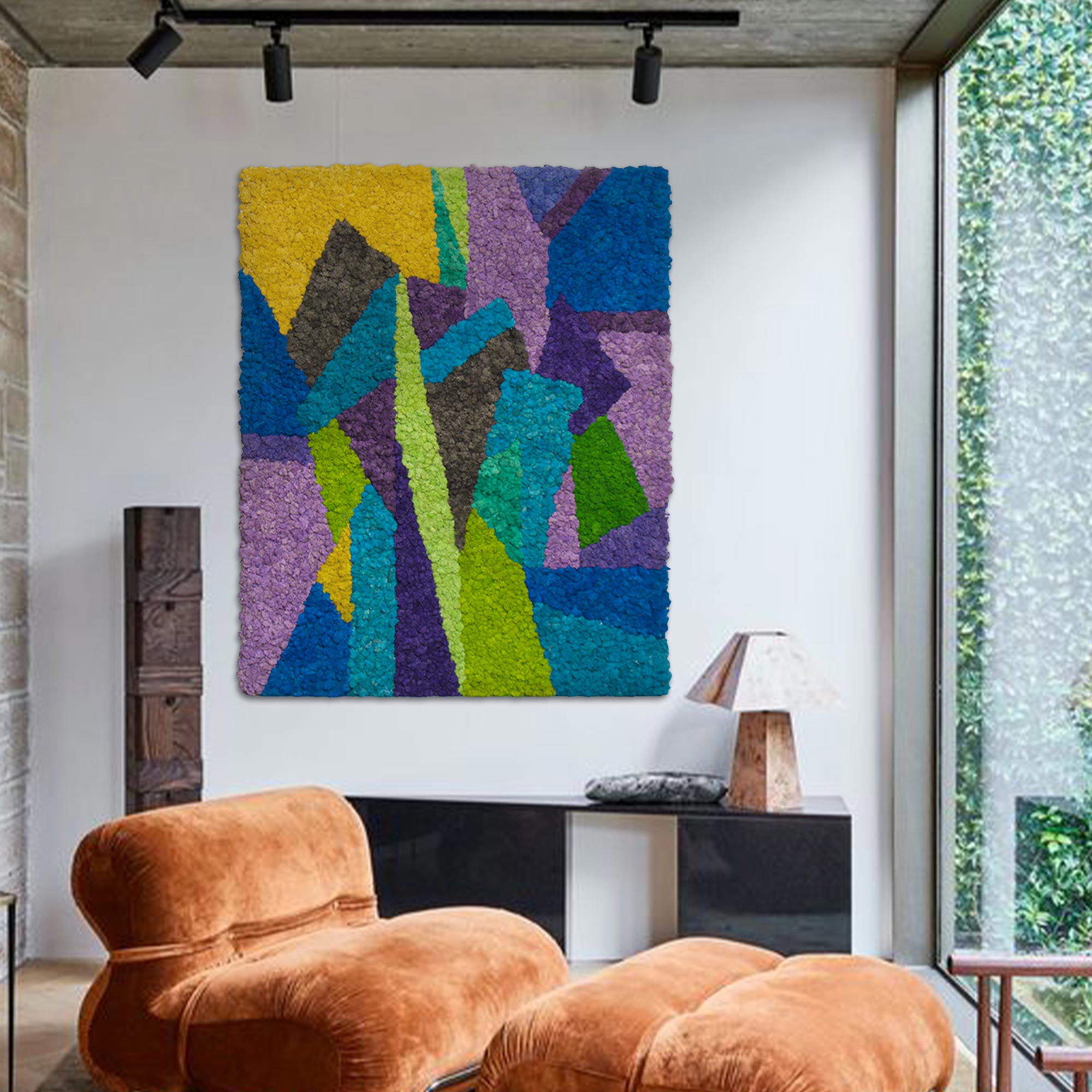  Abstract Modern Reindeer Moss Wall Art Cool Tones displayed in a contemporary sitting area setting.