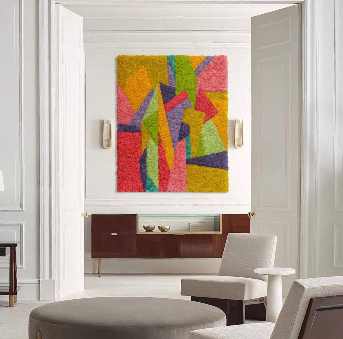 Warm Tone Colorful Reindeer Moss Collage Art displays in a white luxury living room.