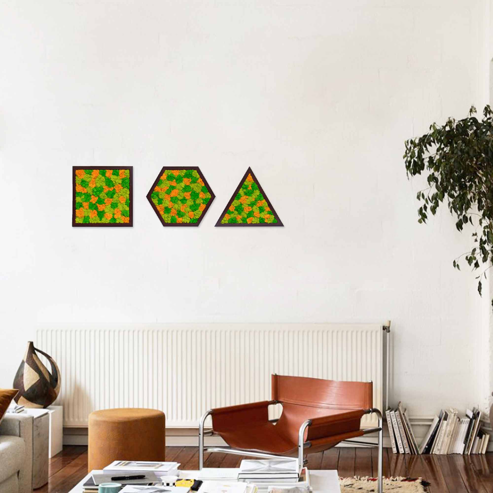 Modular arrangement of autumn moss panels in creative modern living space