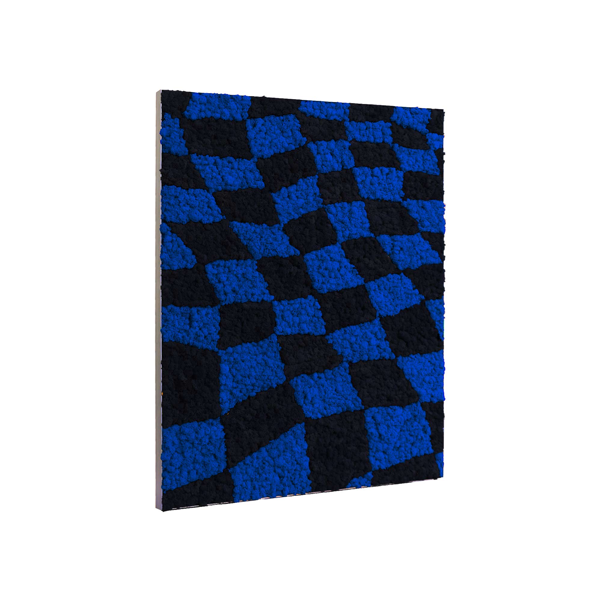 Side profile of framed moss art showing Art Deco-inspired design and checkerboard pattern.