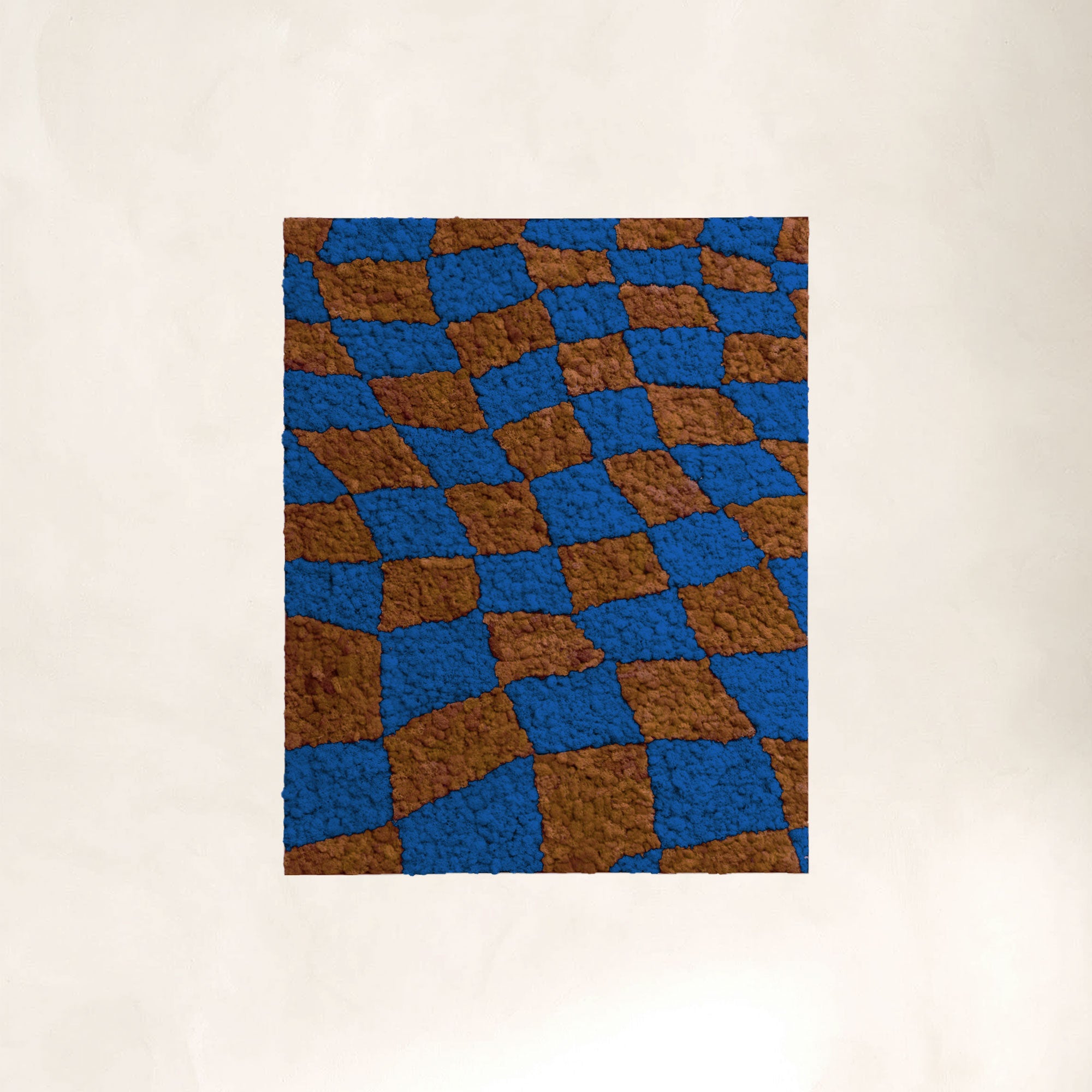 Coffee & Blue Checkerboard Reindeer Moss Art with silver aluminum frame.
