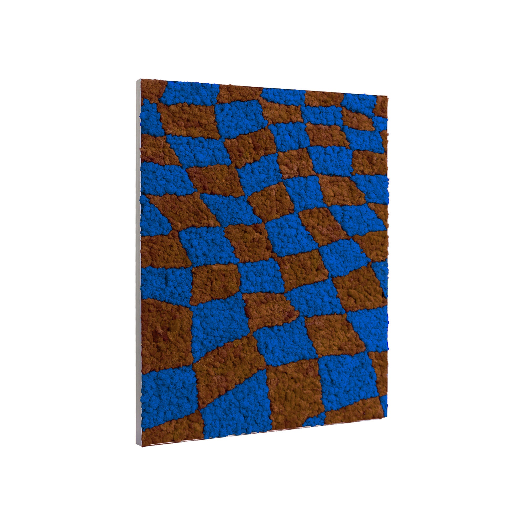 Side profile of Coffee & Blue Checkerboard Reindeer Moss Art showing the checkerboard pattern.