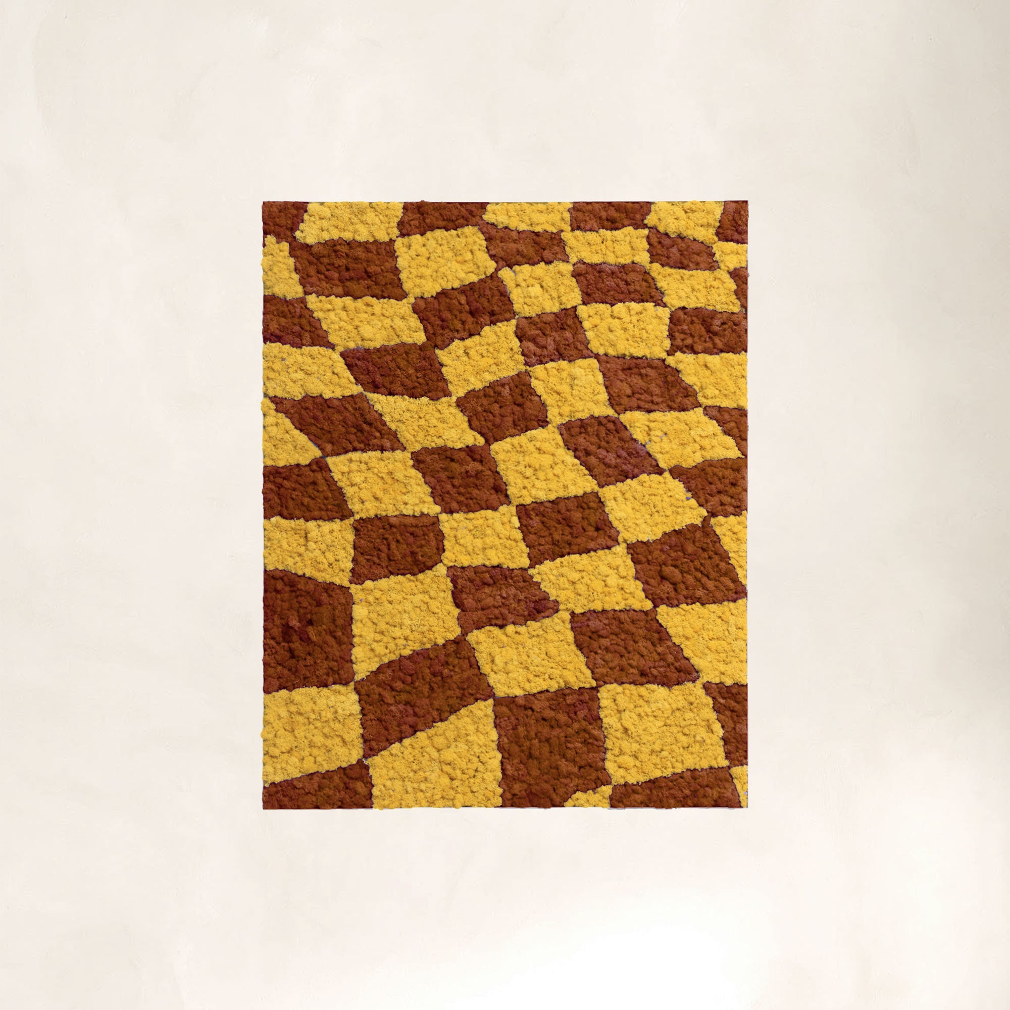 Coffee & Yellow Checkerboard Reindeer Moss Art with silver aluminum frame.