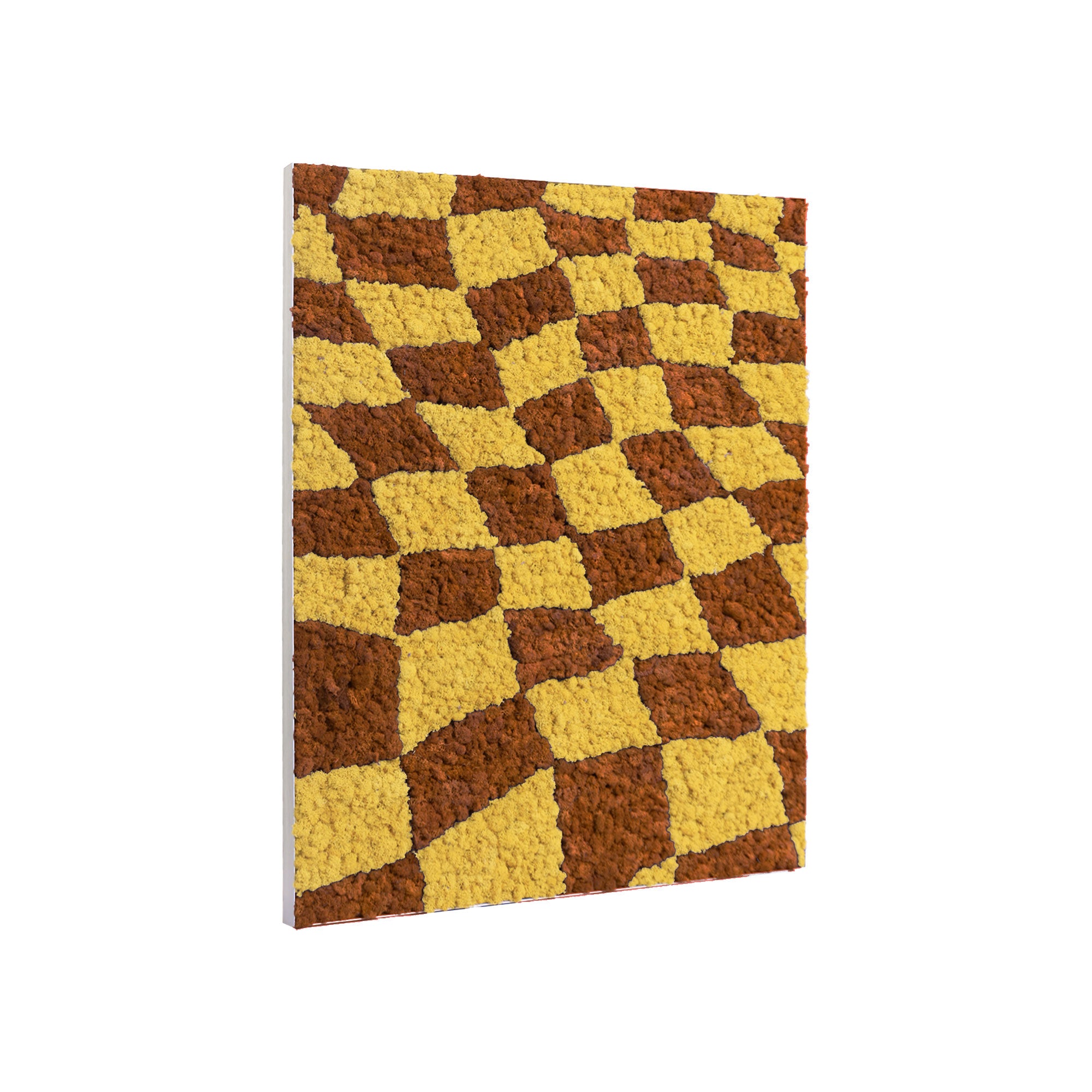 Side profile of Coffee & Yellow Checkerboard Reindeer Moss Art showing the checkerboard pattern.